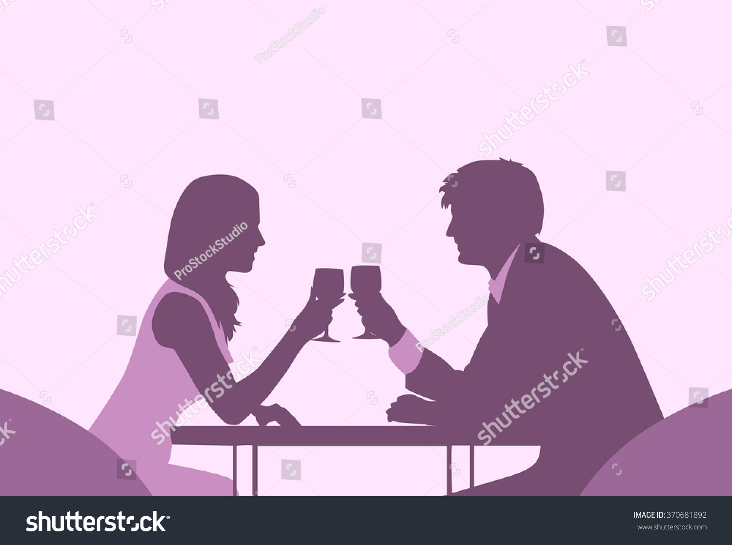 Couple Sitting Cafe Table Romantic Love Violet Color Silhouettes Dating Vector Illustration