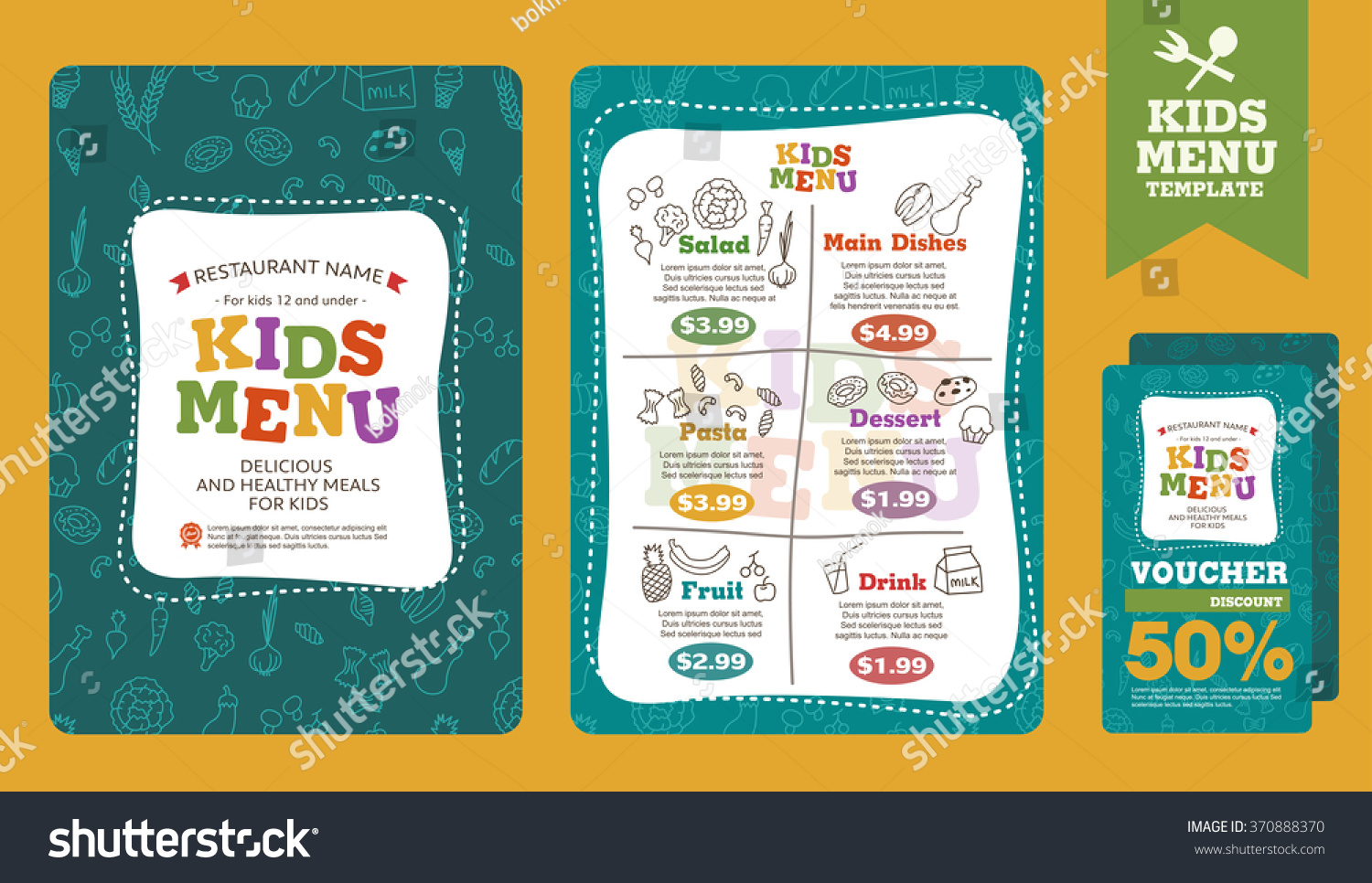 Cute colorful kids meal menu vector template