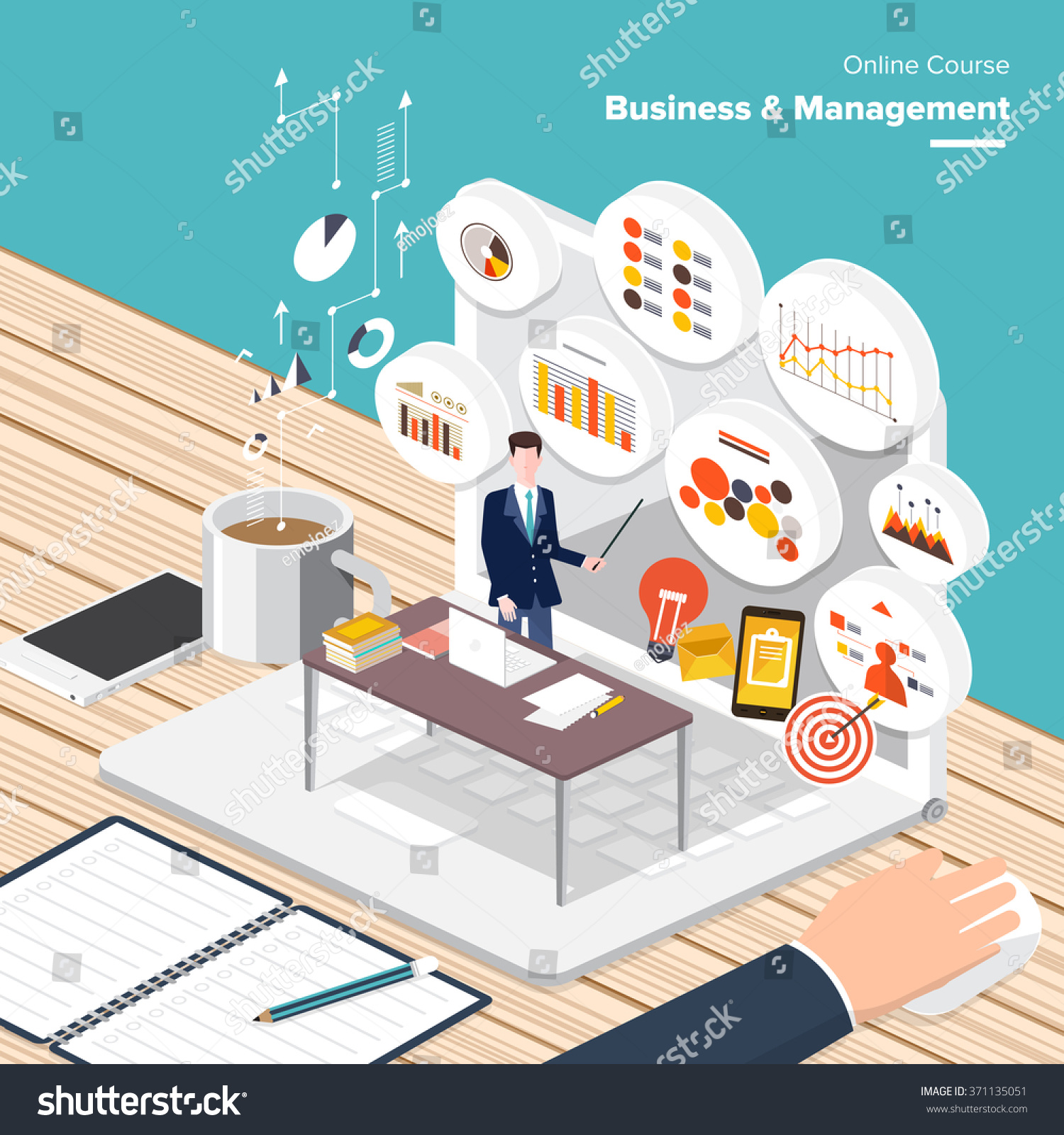 Vector e-learning concept in flat style - digital content and online business & management