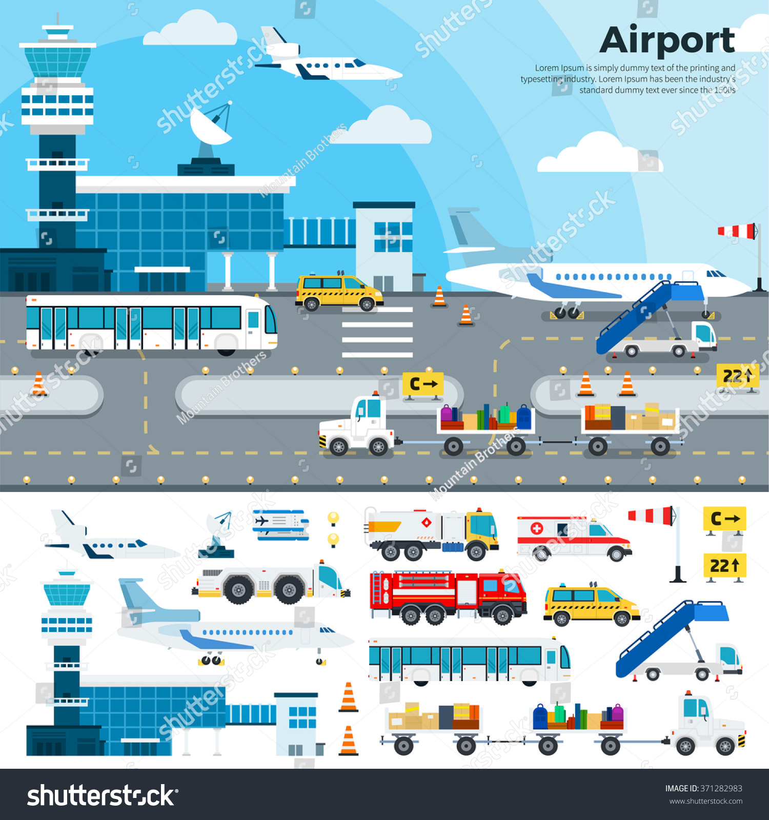 Airport vector flat illustrations. Modern airport exterior with different cargoes. Working day on the airfield. Airplanes  different planes  cars  buildings  tickets  luggage isolated on white 