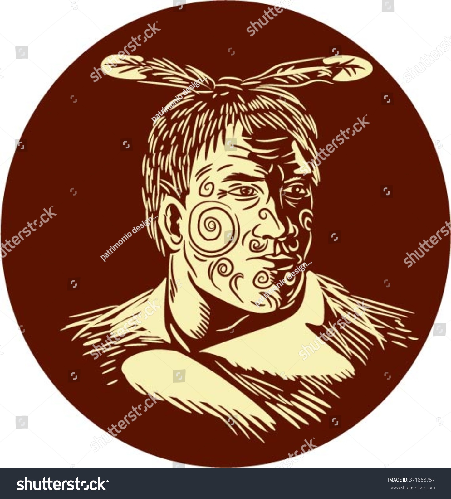 Illustration of bust of Maori chief warrior chieftain with tattoos on face and cape looking to the side viewed from the front set inside oval shape done in retro woodcut style. 