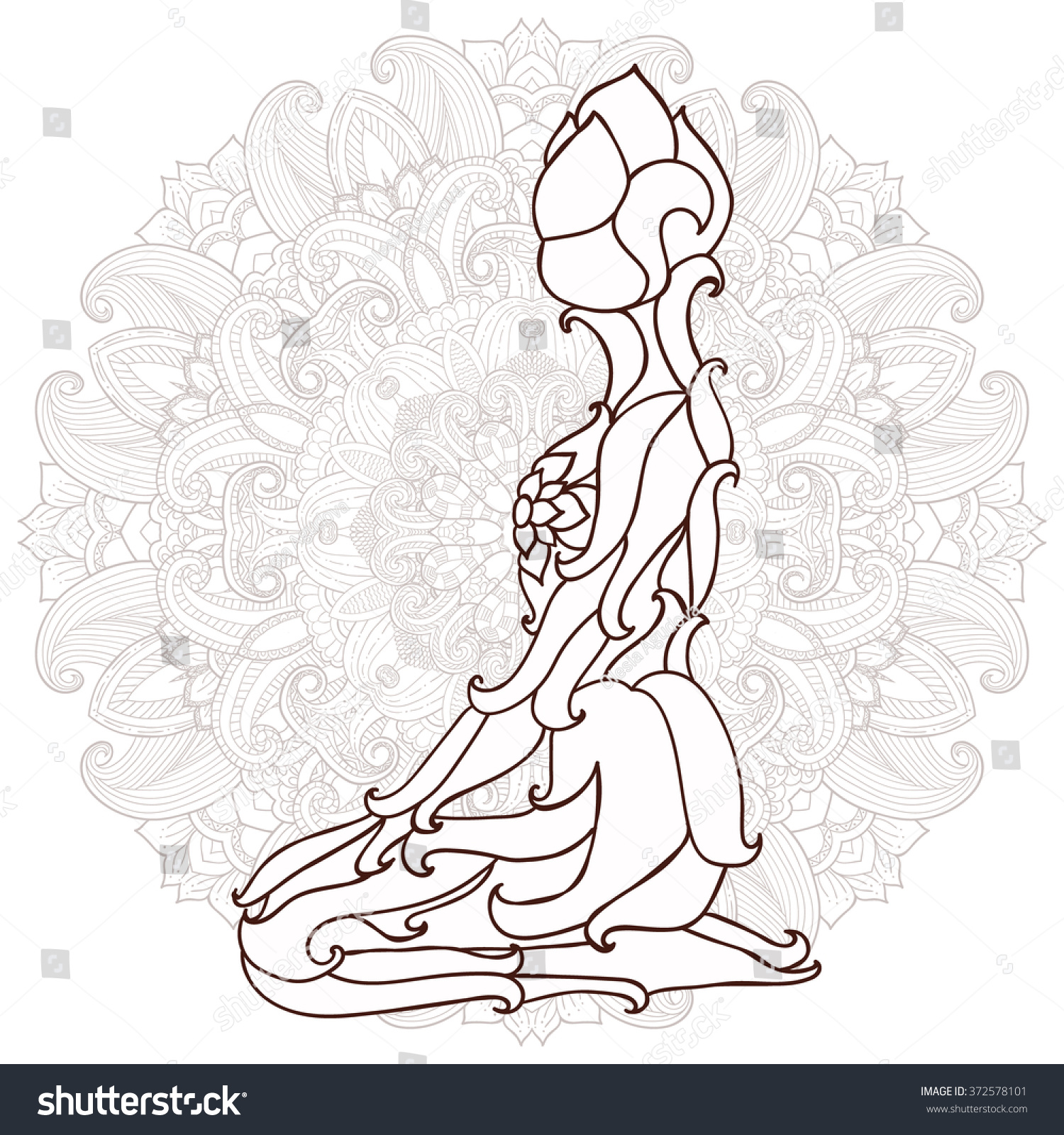 Stylized Yoga Pose of the ornaments of a mandala background. hand drawn.kaleidoscope  medallion  yoga  india  arabic.T-shirt printing. Coloring for adults