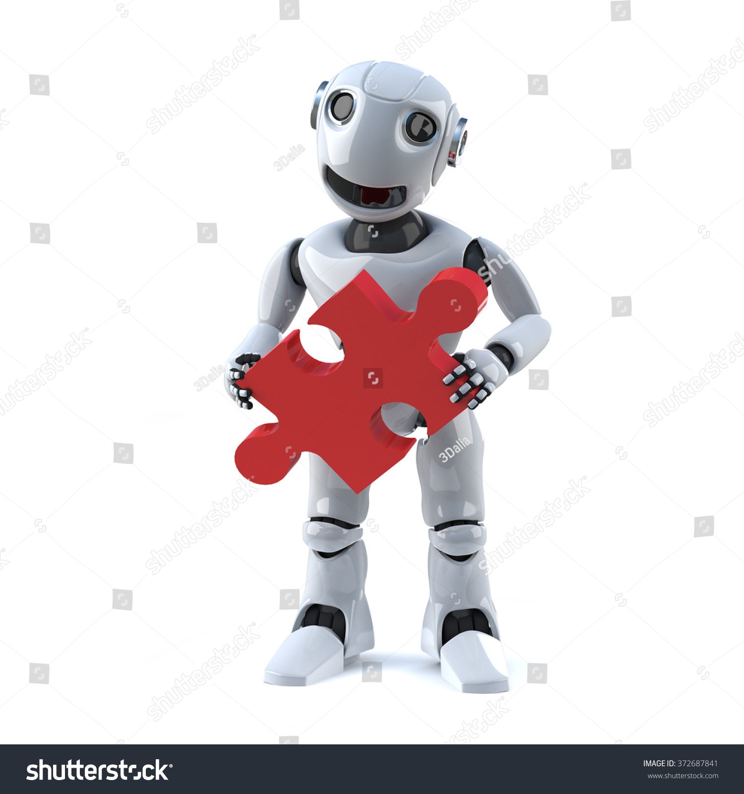 3d render of a robot holding a piece of jigsaw puzzle.