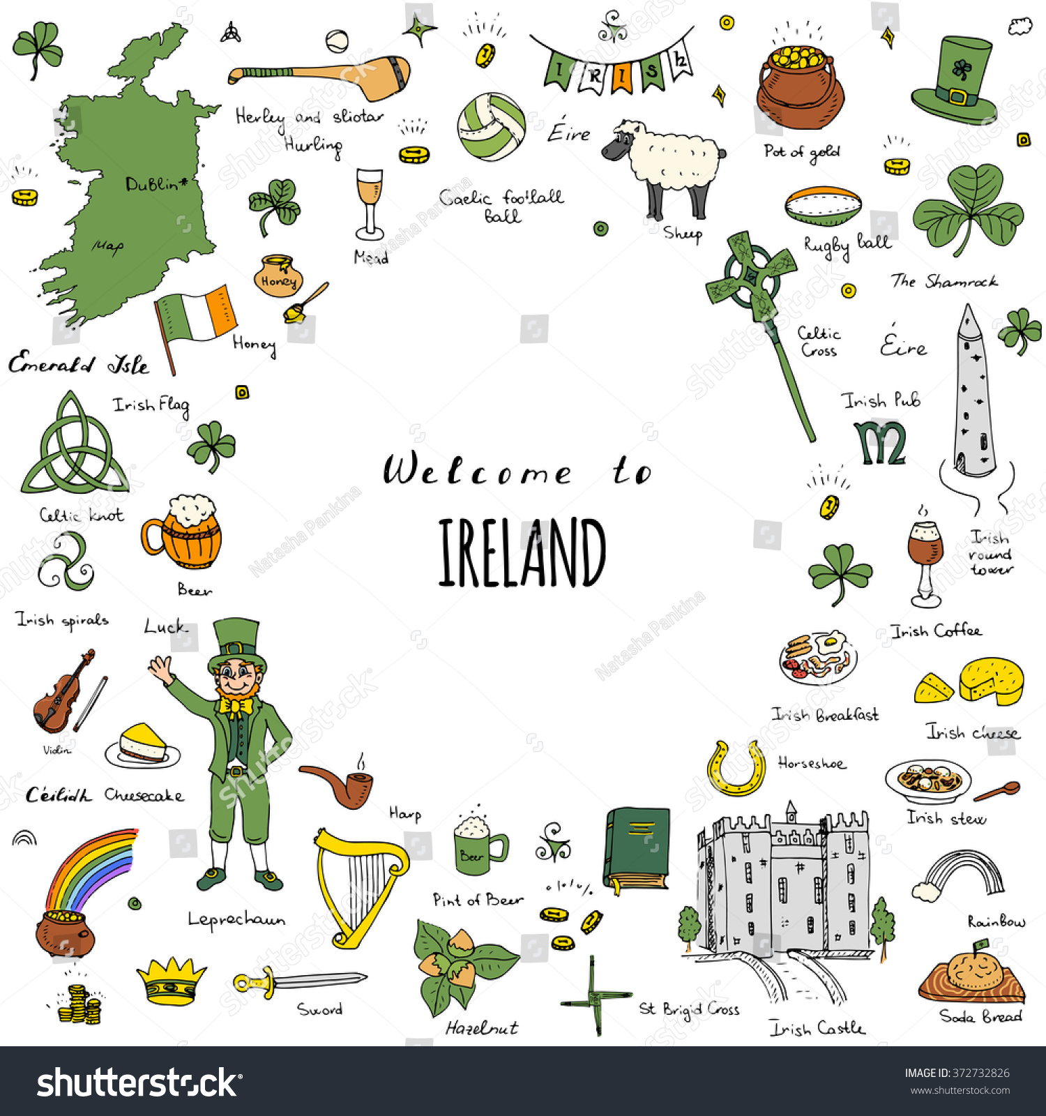 Hand drawn doodle Ireland set Vector illustration Sketchy Irish traditional food icons Republic of Ireland elements Flag Map Celtic Cross Knot Castle Leprechaun Shamrock Harp Pot of gold Travel icons
