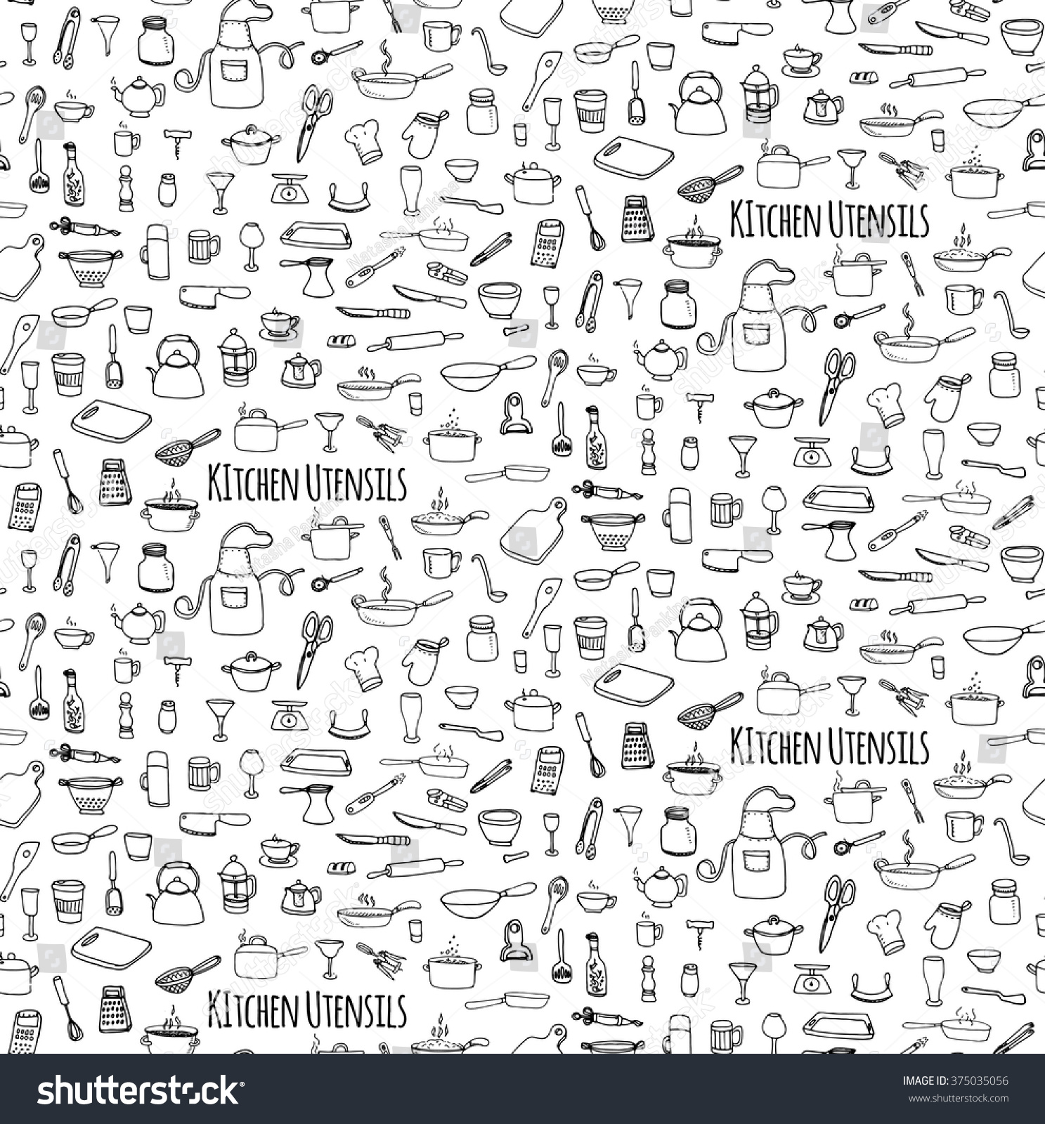 Seamless background hand drawn doodle Kitchen utensils set Vector illustration Sketchy kitchen ware icons collection Isolated appliance kitchen tools symbols Cooking equipment Tea pot Pan Knife Cup