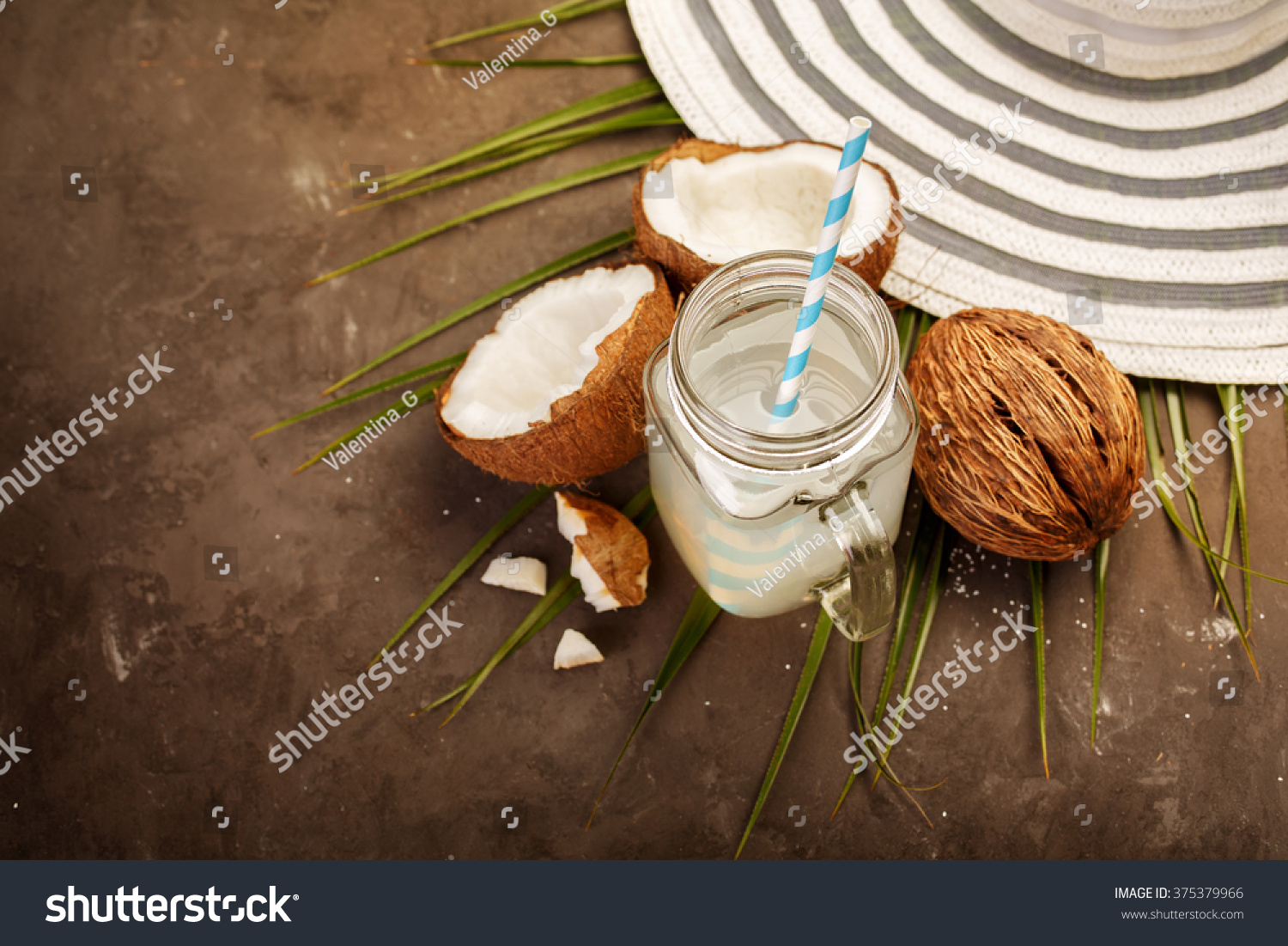 Fresh Organic Coconut Water in a Glass. Food background  selective focus