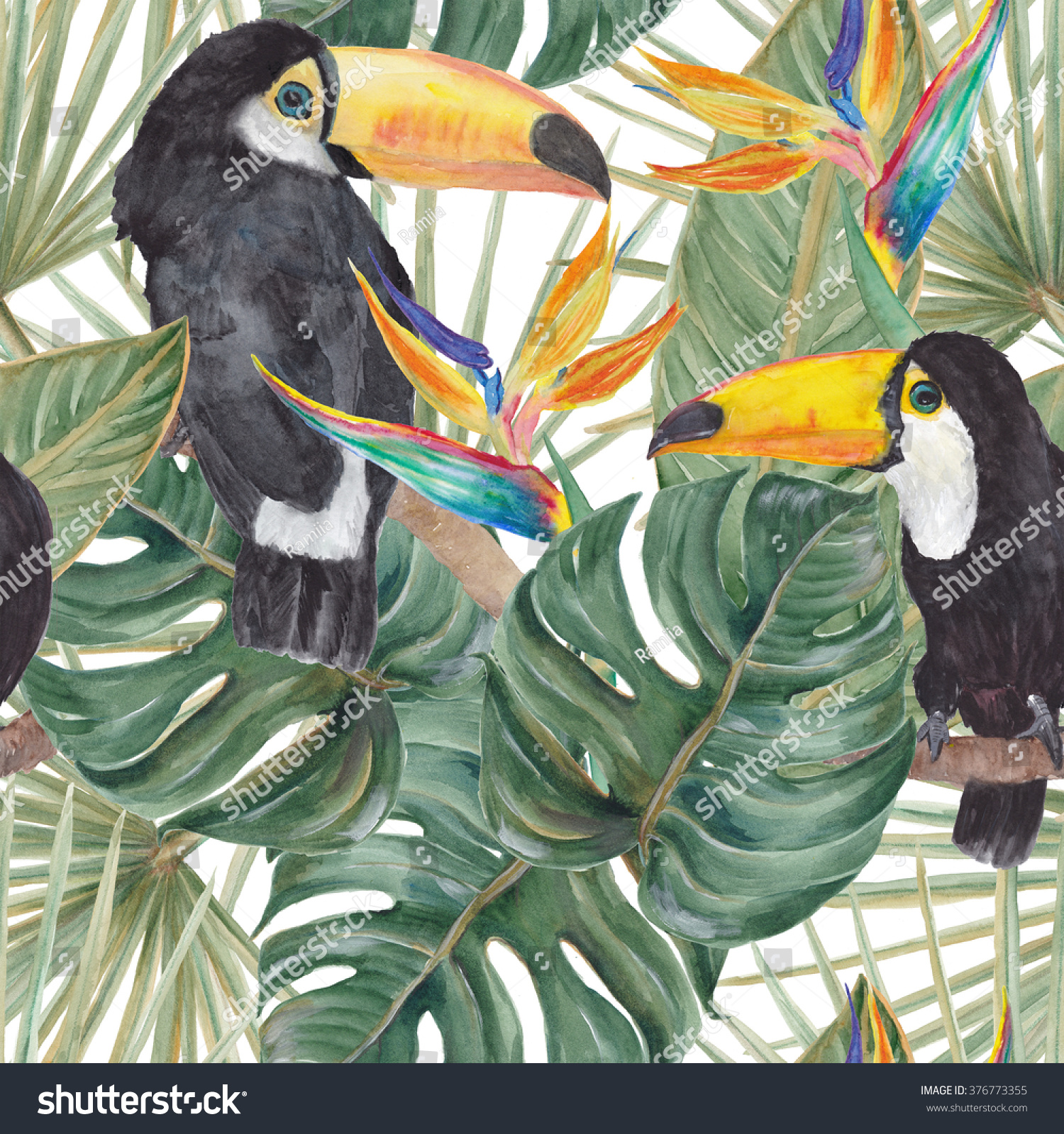 Watercolor seamless tropical pattern with exotic flowers: bird of paradise.Palm and deliciosa leaves. Toucan birds.