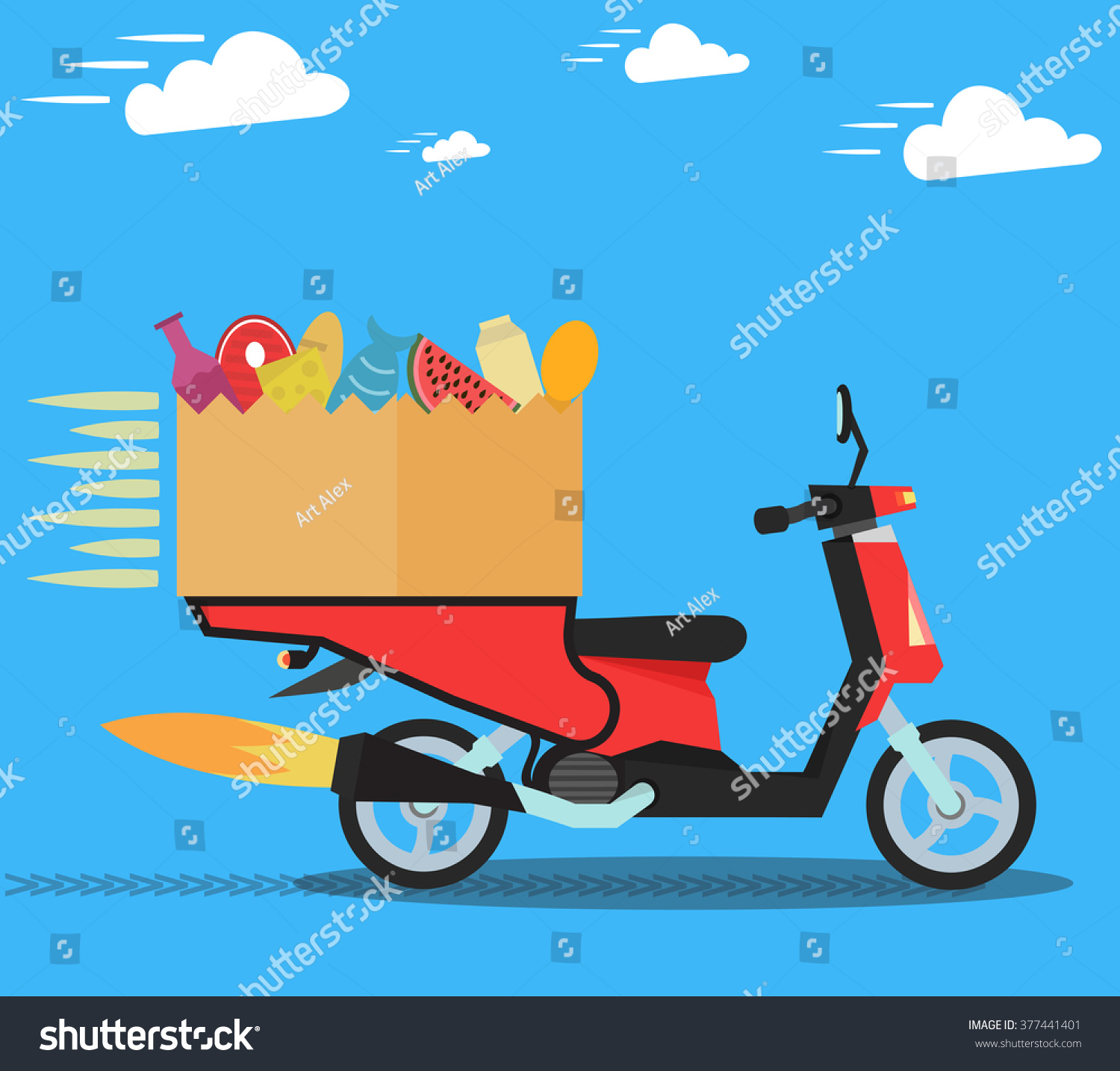 Concept of the fast grocery delivery service on scooter or motorbike. Flat vector illustration.