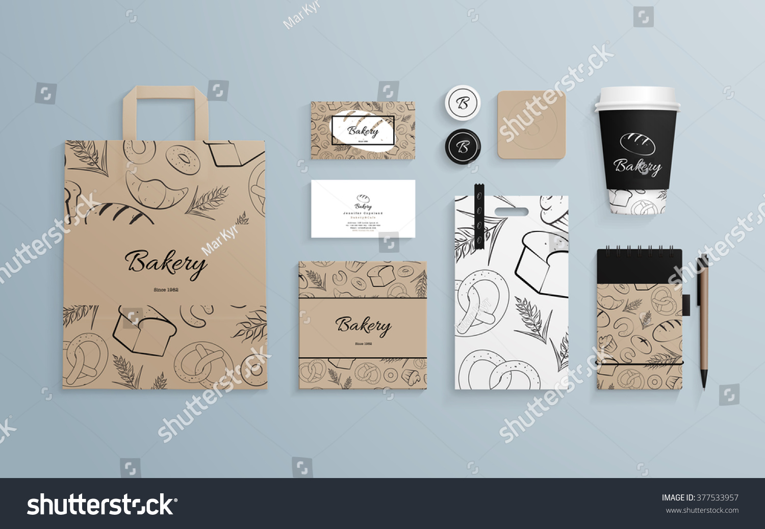 Corporate identity template set with pattern of baked goods. Business stationery mock-up with logo sample. Set of paper bag  cup  cards etc. Vector illustration.