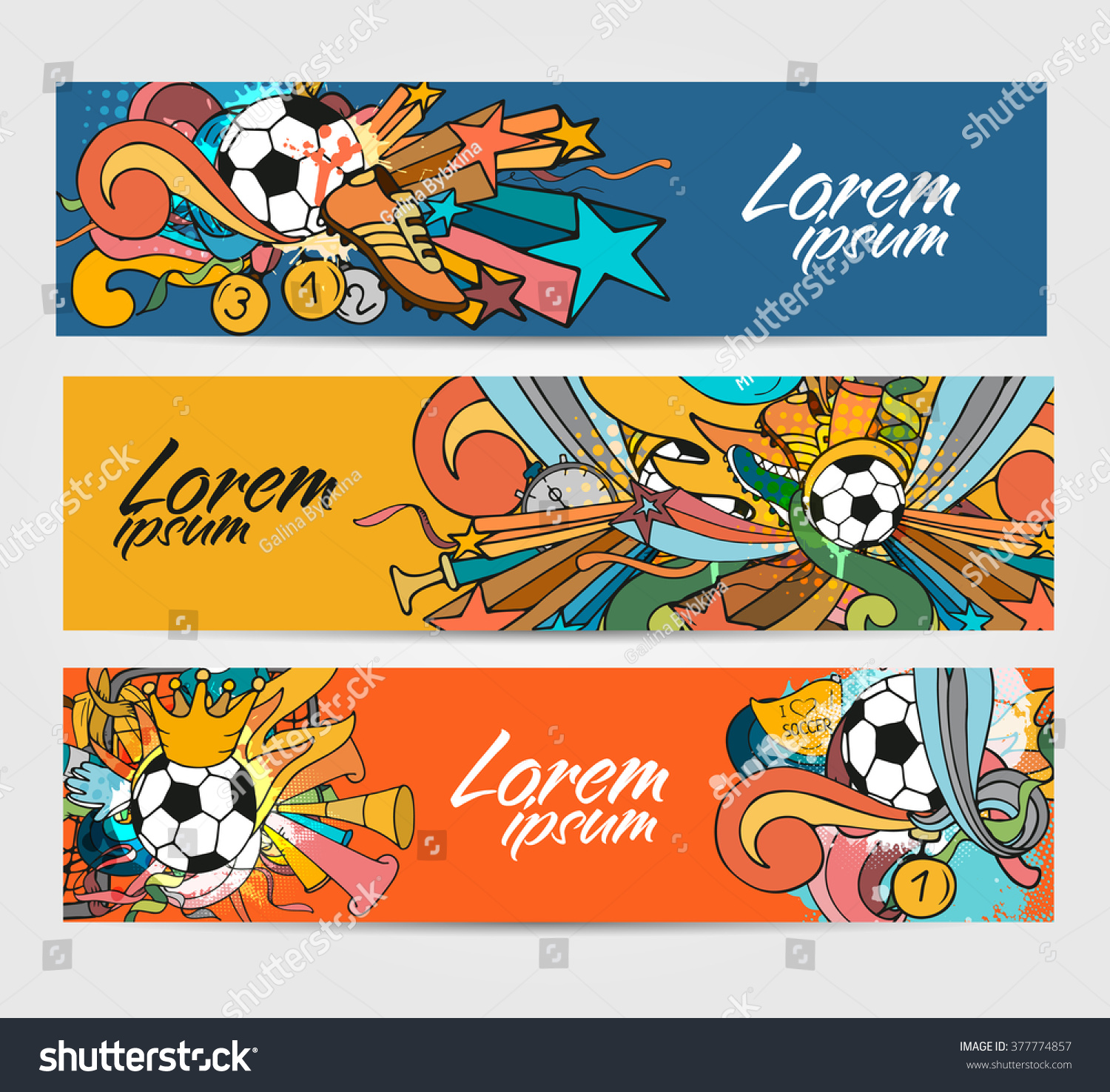 Doodle colorful banners with soccer objects and decoration elements. Vector collection. Hand drawn outline style for web  poster  advertisement