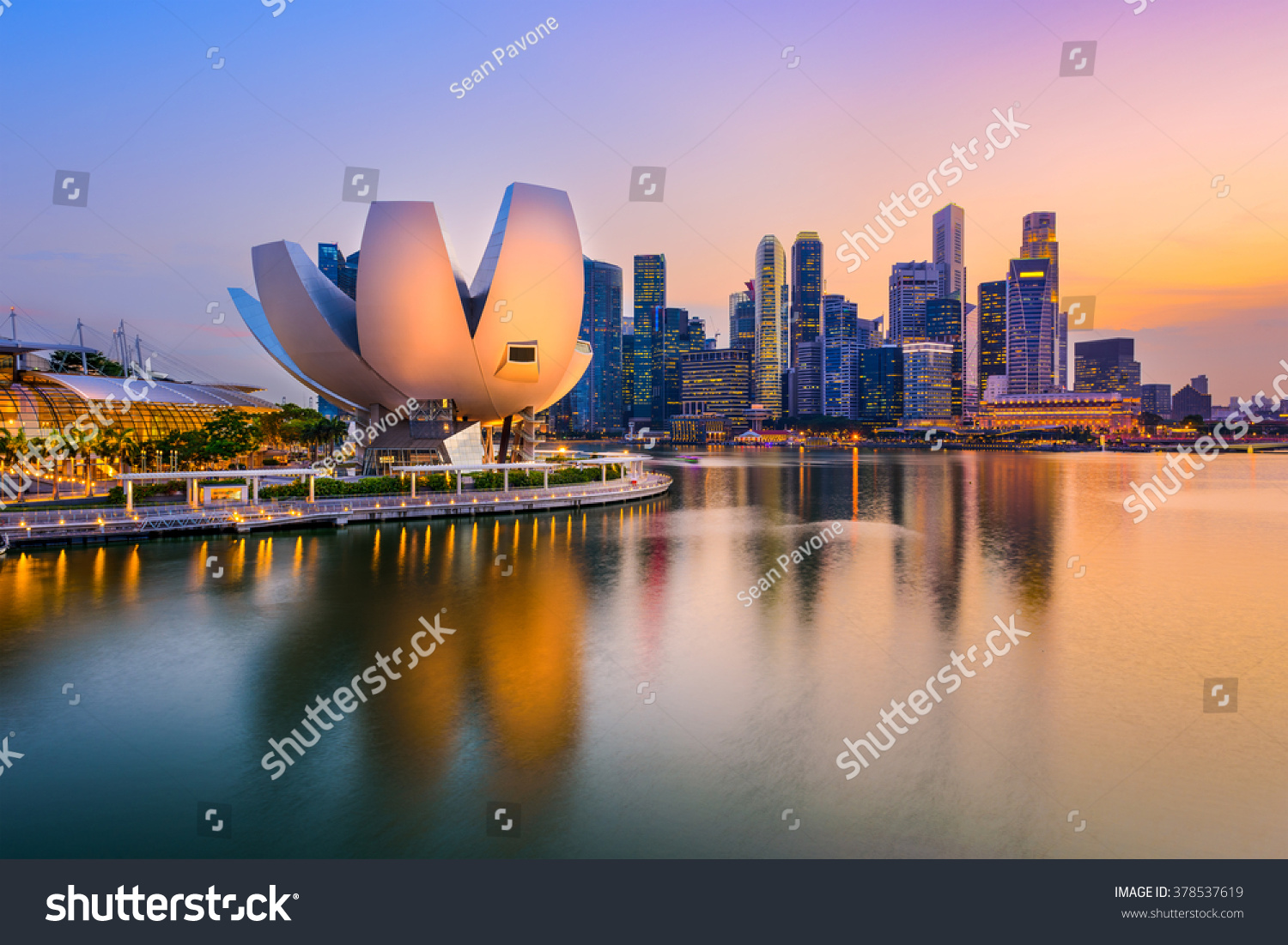 Singapore skyline at the Marina during twilight.