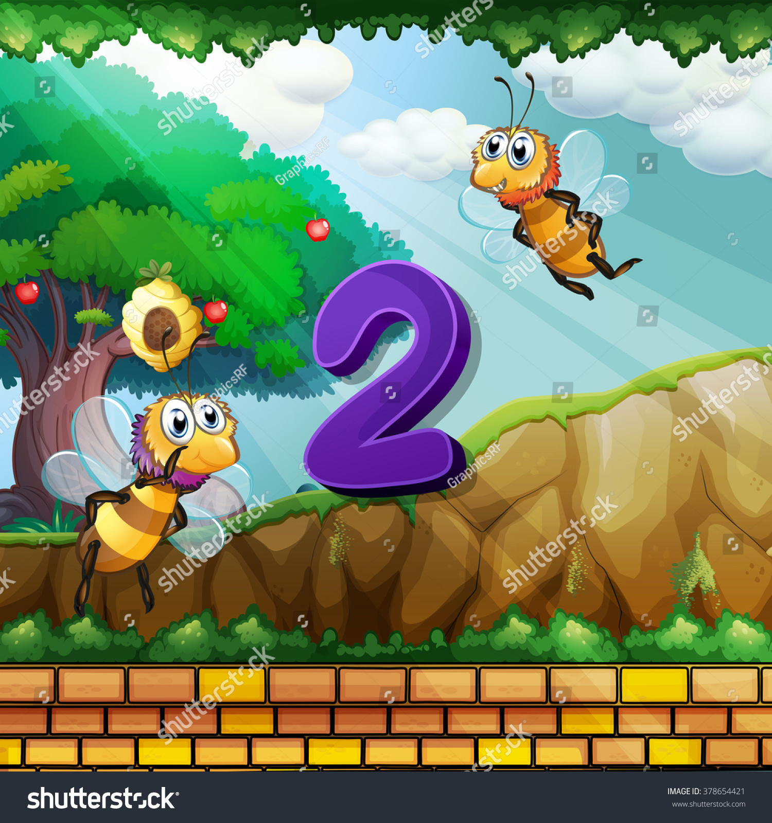 number two with 2 bees flying in the garden illustration