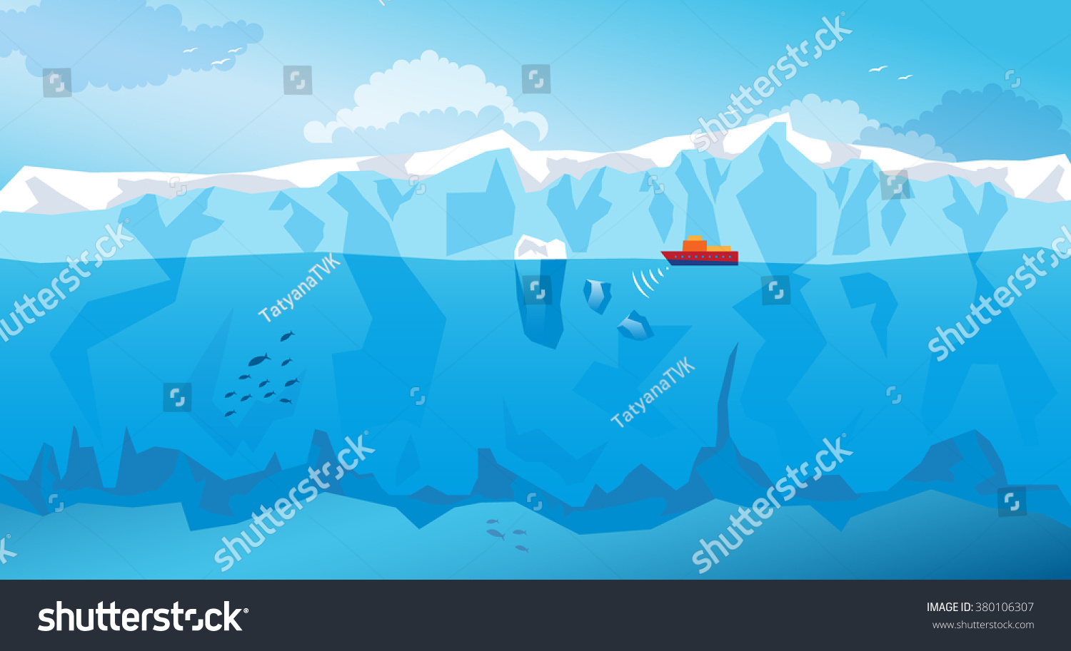 Background with long Iceberg and red ship. Vector