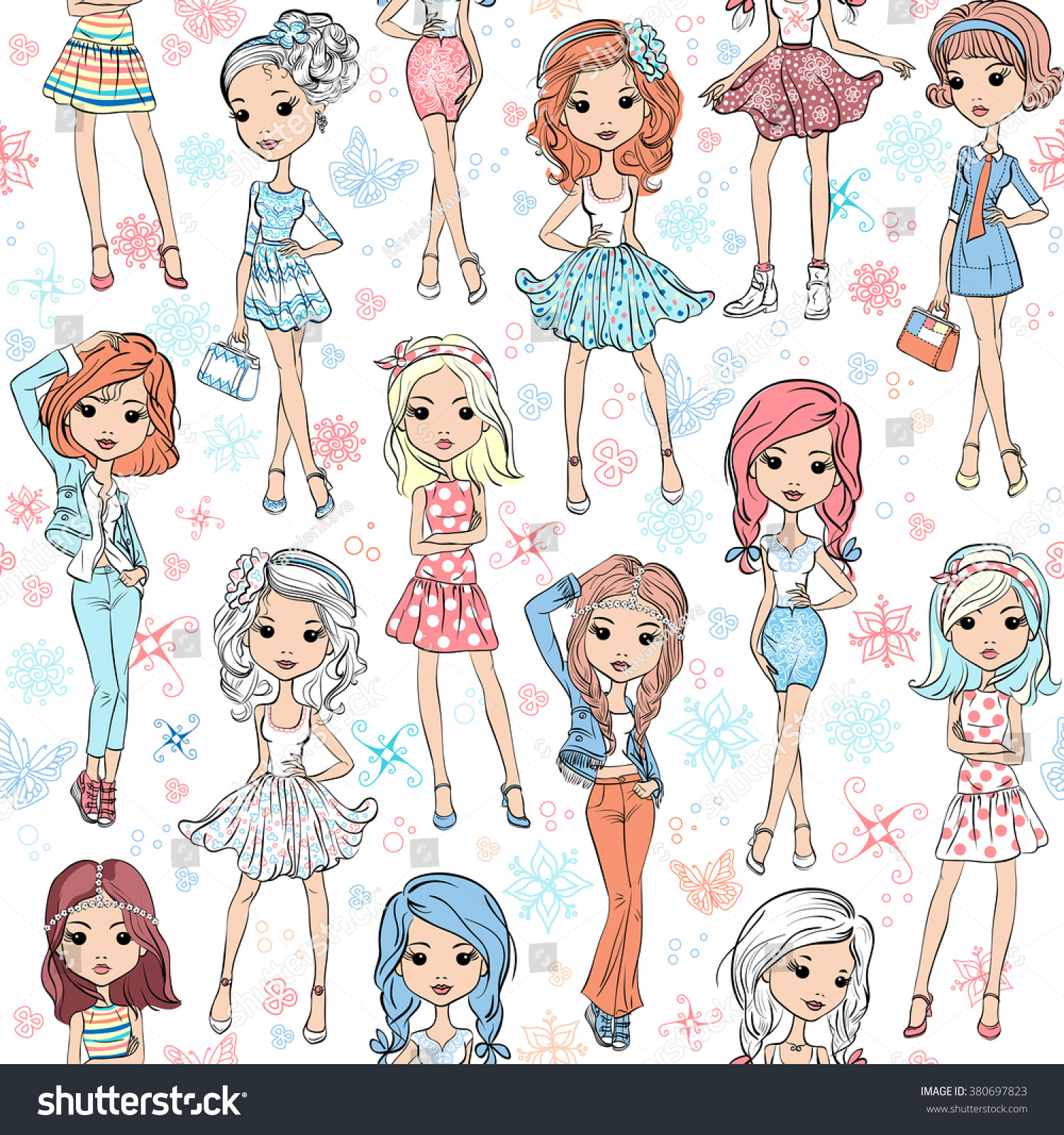 Seamless background with cute beautiful fashionable hipster girl in summer dresses  jackets and skirts. 