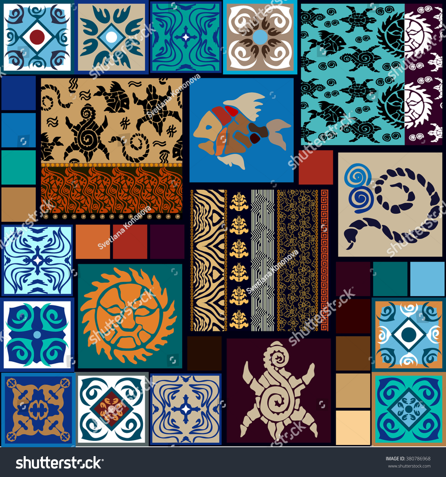 Mega set inspired by tattoo maori arts. Boho style seamless patterns. Hand drawn tortillas  fish  sun  snakes. Ethnic borders  fantasy flowers  tile ornaments. Ethnic textile collection. Blue palette.