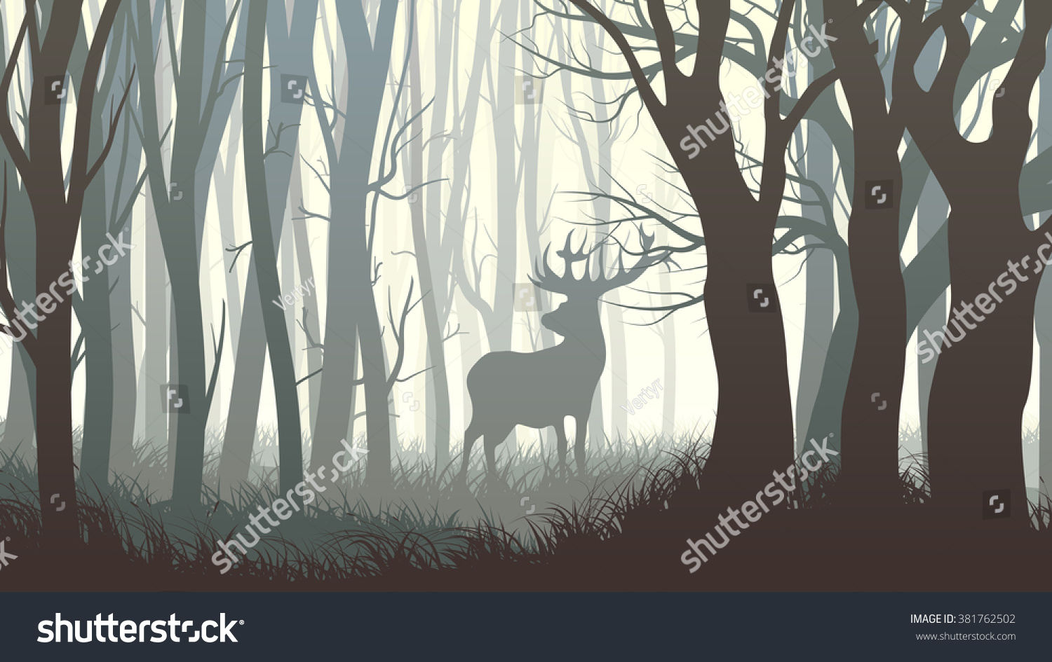 Vector horizontal illustration of dark forest with wild elk in forest.