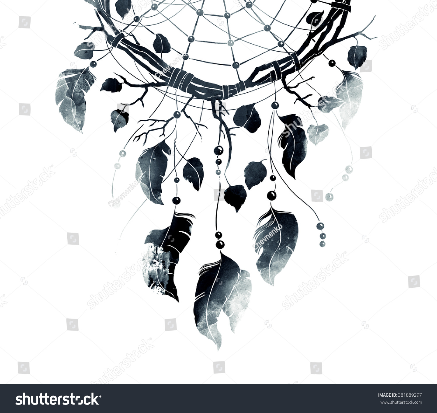 Indian Dreamcatcher made of branches of trees  ropes  feathers and beads. mixed media watercolor and digital imprint. symbol of hippie culture  boho style  magical amulet. sketch tattoo