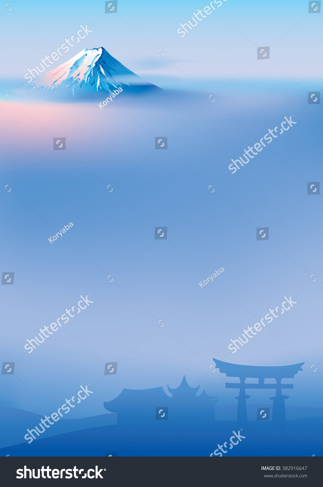 Vector illustration of sacred Japanese Torii gates and Fuji mountainFuji and torii