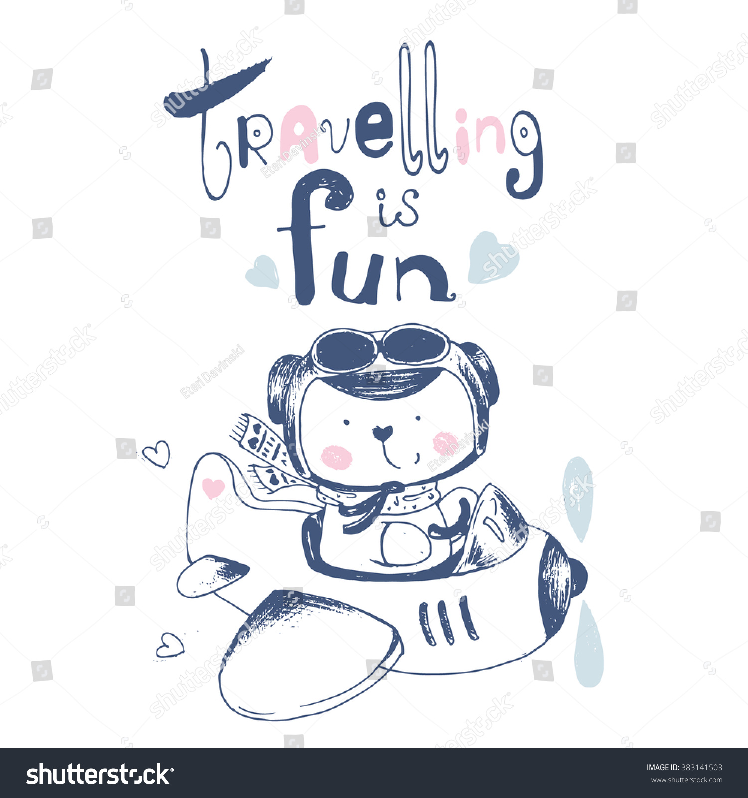 hand drawn illustration of cute baby bear on airplane  with hand drawn lettering "traveling is fun"/can be used for kid's or baby's shirt design/fashion print design