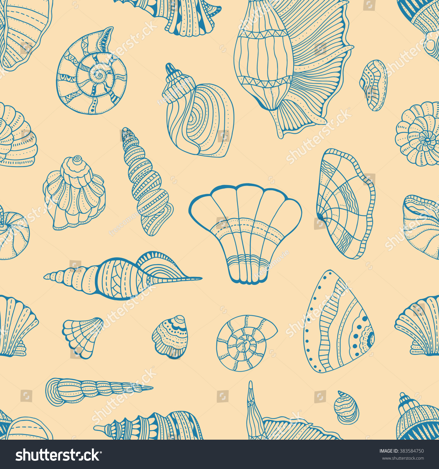 Zentangle stylized sea cockleshell seamless pattern. Hand Drawn aquatic doodle vector illustration. Sketch for tattoo or makhenda. Seashell collection. Ocean life.