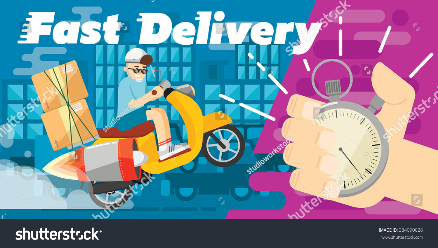 Fast delivery scooter design vector banner. delivery box. 