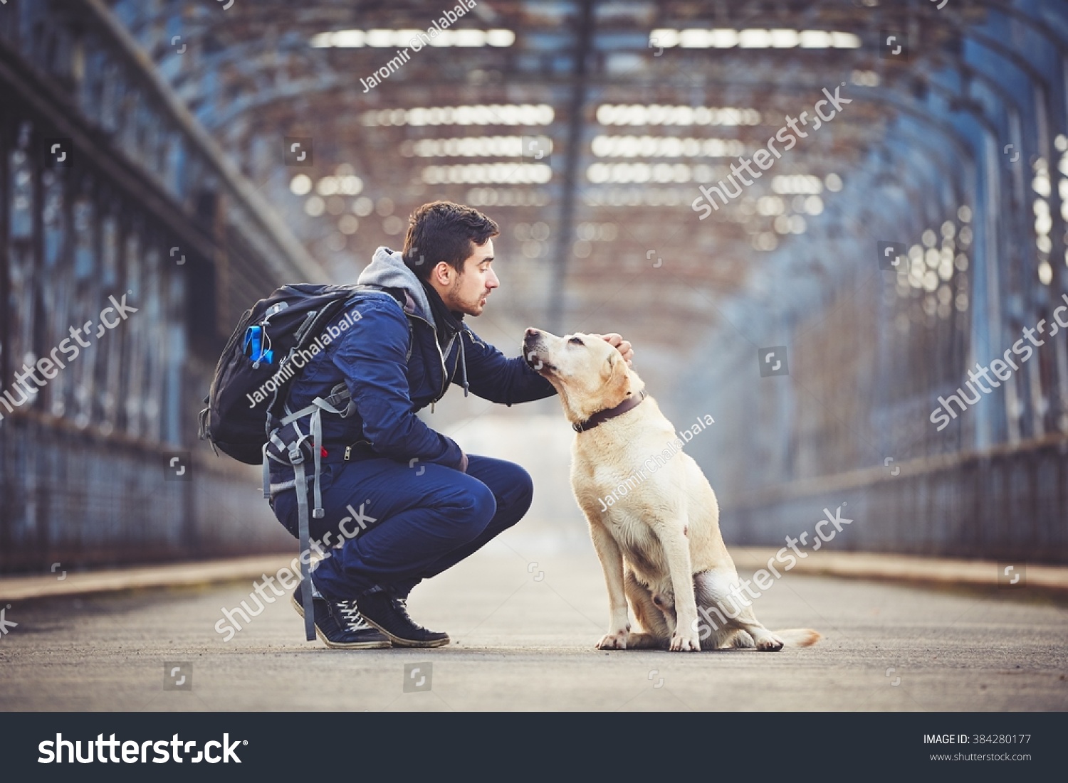 Man with his yellow labrador retriever on the old bridge
