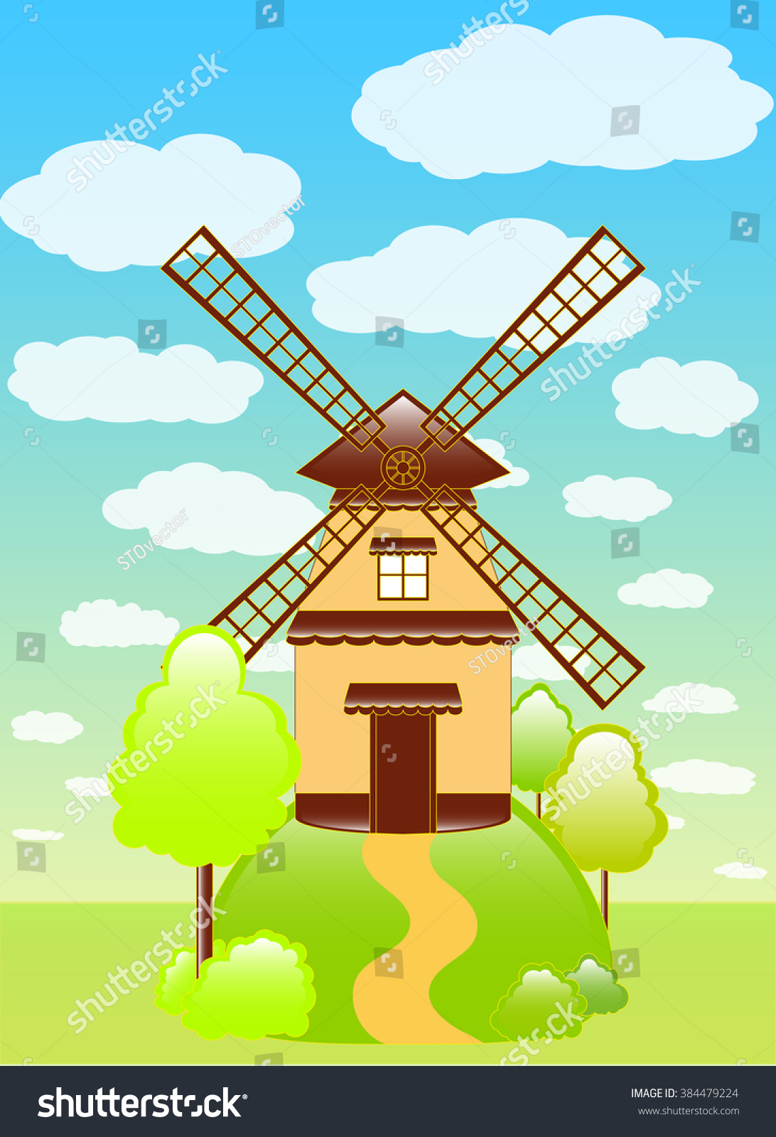 thevectorillustrationofthecolorfulwindmillonthehillunderthesky
