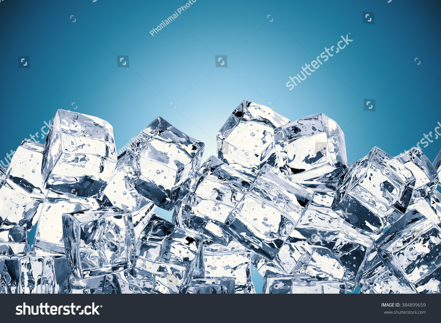 heap of ice cubes on blue background
