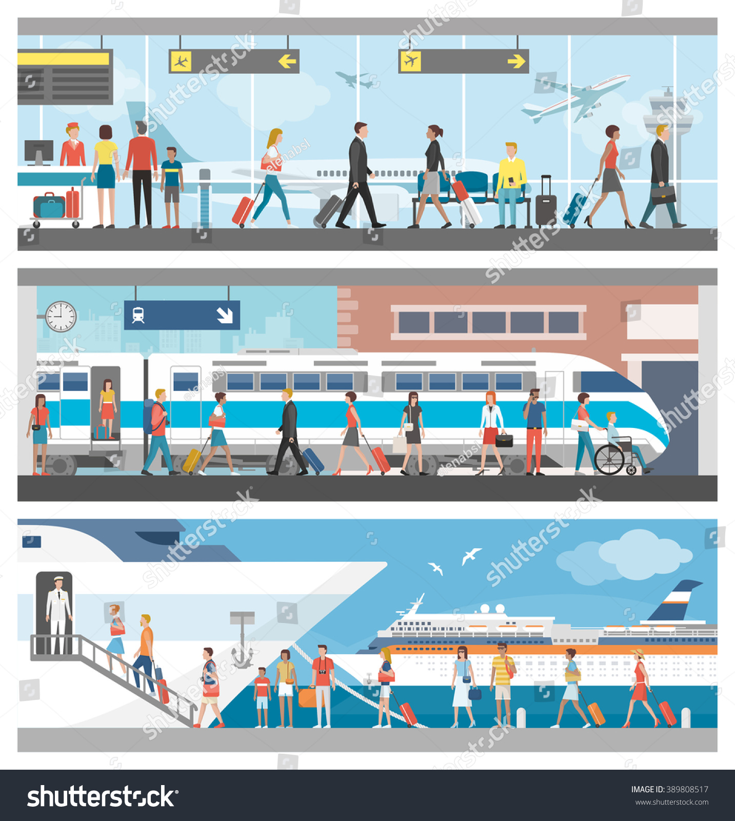 Transportation and travel banner set: business people and tourists at the airport  at the railway station and boarding on a luxury cruise ship