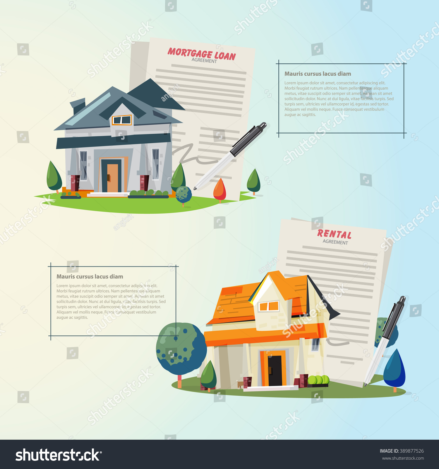 beautiful house with mortgage application form  loan form. agreement for a house in a real estate agent concept - vector illustration