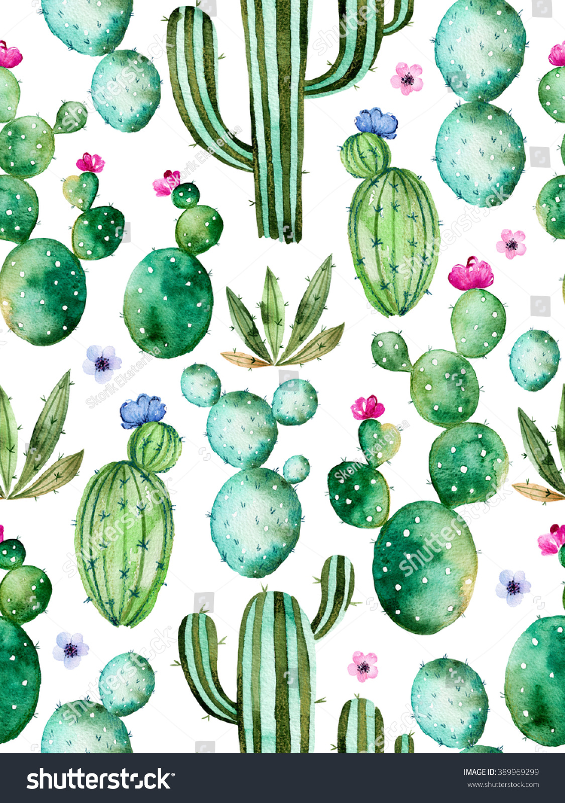 Seamless pattern with high quality hand painted watercolor cactus plants and purple flowers.Pastel colors Perfect for your project wedding greeting card photos blogs wallpaper pattern texture and more