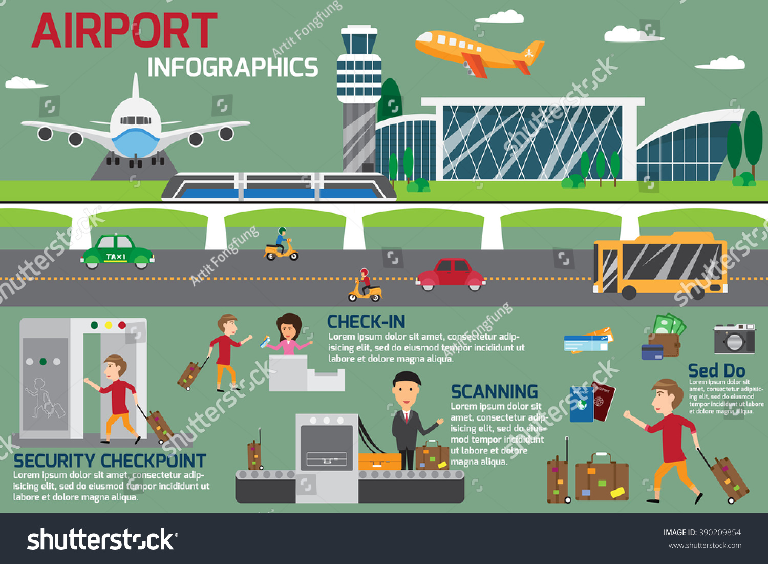 Airport business infographics template and travel element with worker and 
the tourists. vector illustration.