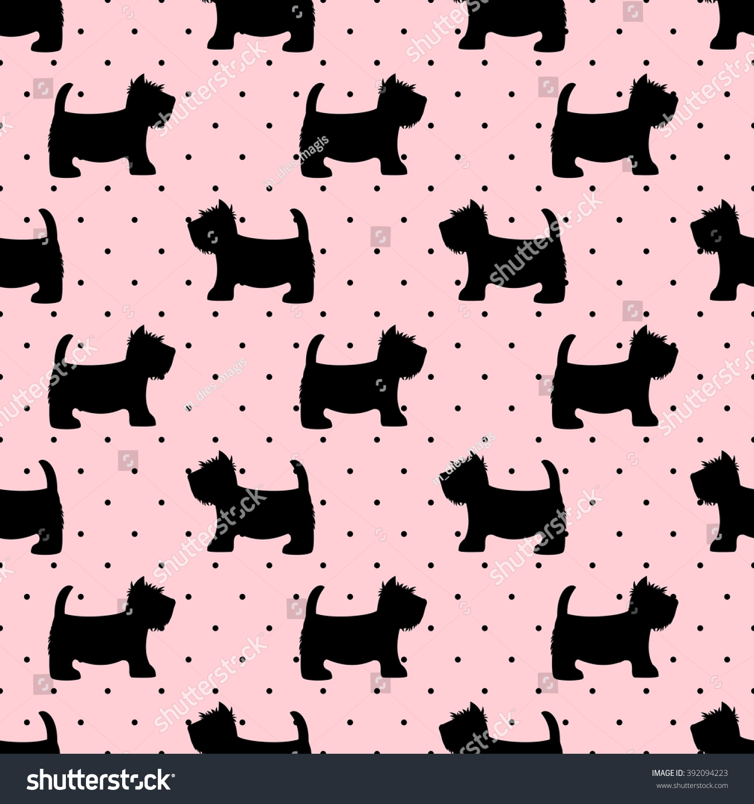 Scottish terrier seamless pattern. Cute dogs on pink polka dots background. Child drawing style puppy background. Design for fabric and decor.