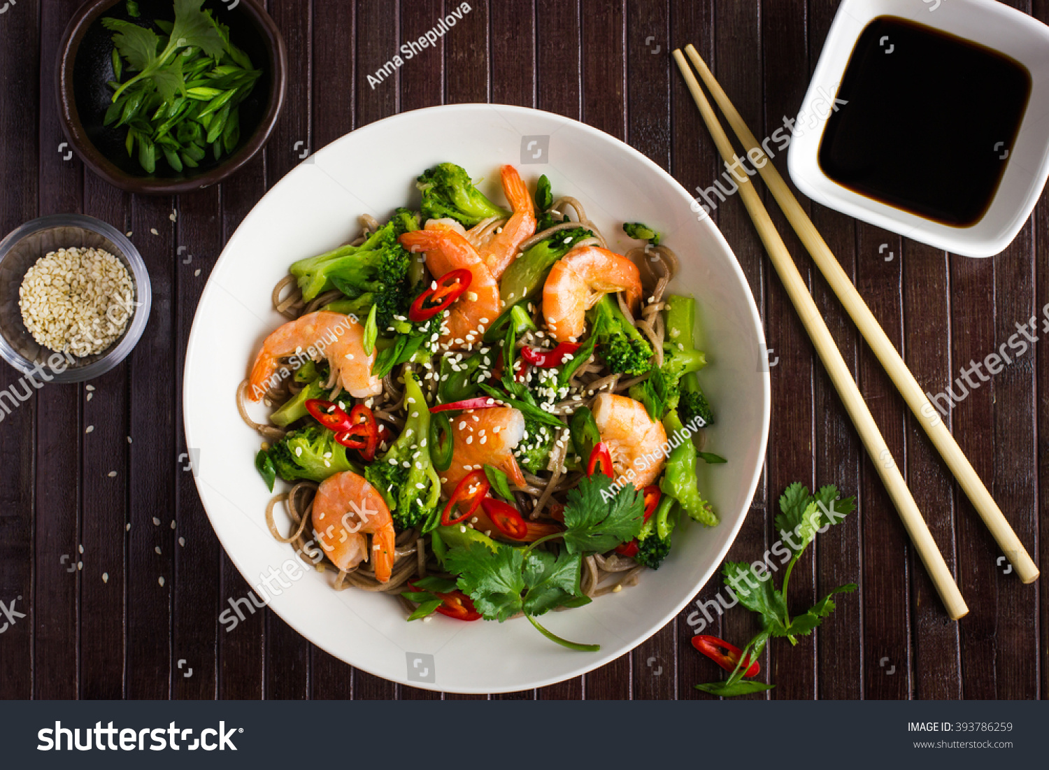soba noodles with shrimps and vegetables. Asian food. Top view.