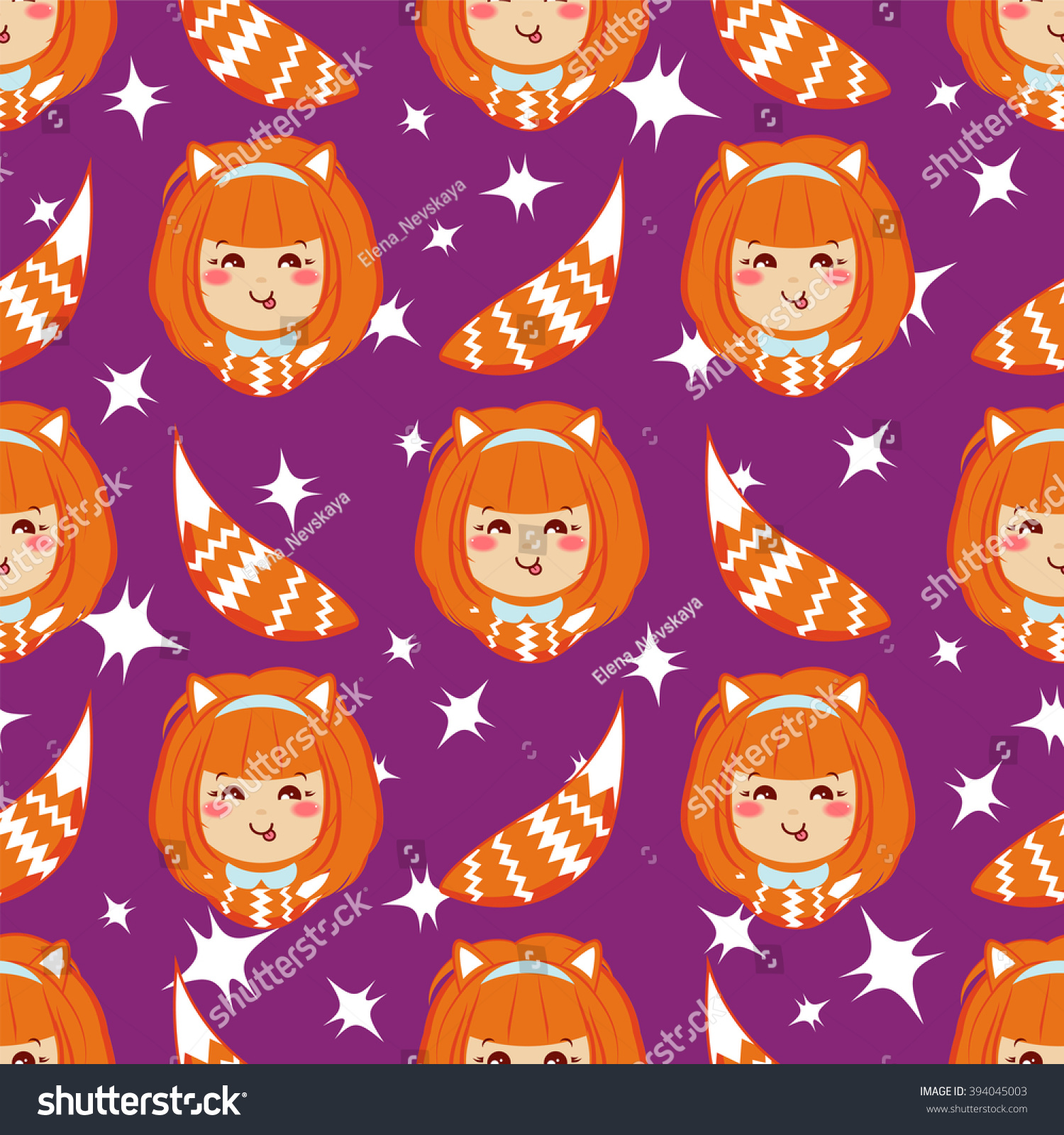 Seamless vector pattern. Kawaii anime fox girl. Bright orange  blue  white colors. Funny  sly smiling face expression. Flat cartoon style. Sweet pattern for childish  festive design