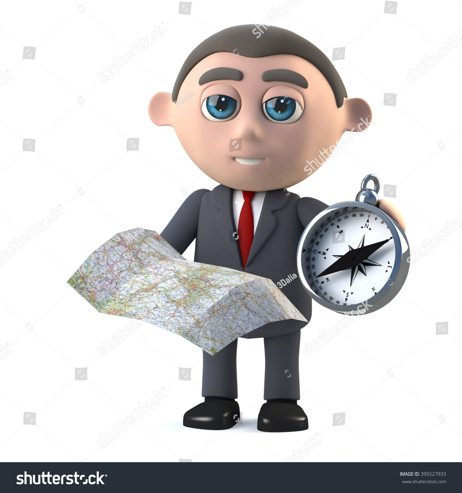 3d render in a cartoon style of a businessman holding a map and compass