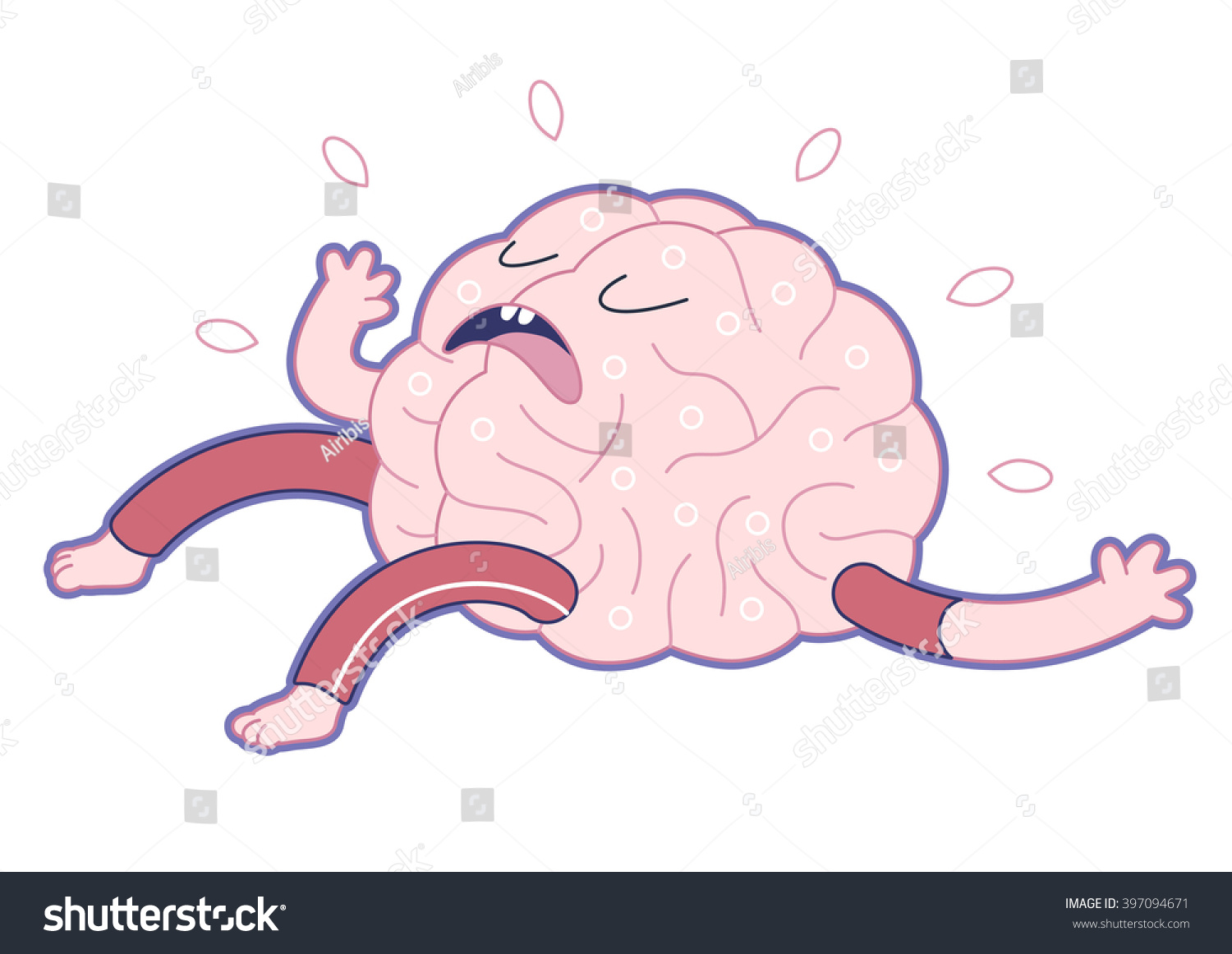 Exhausted brain lying on its back - flat cartoon vector illustration. A part of the Brain collection.