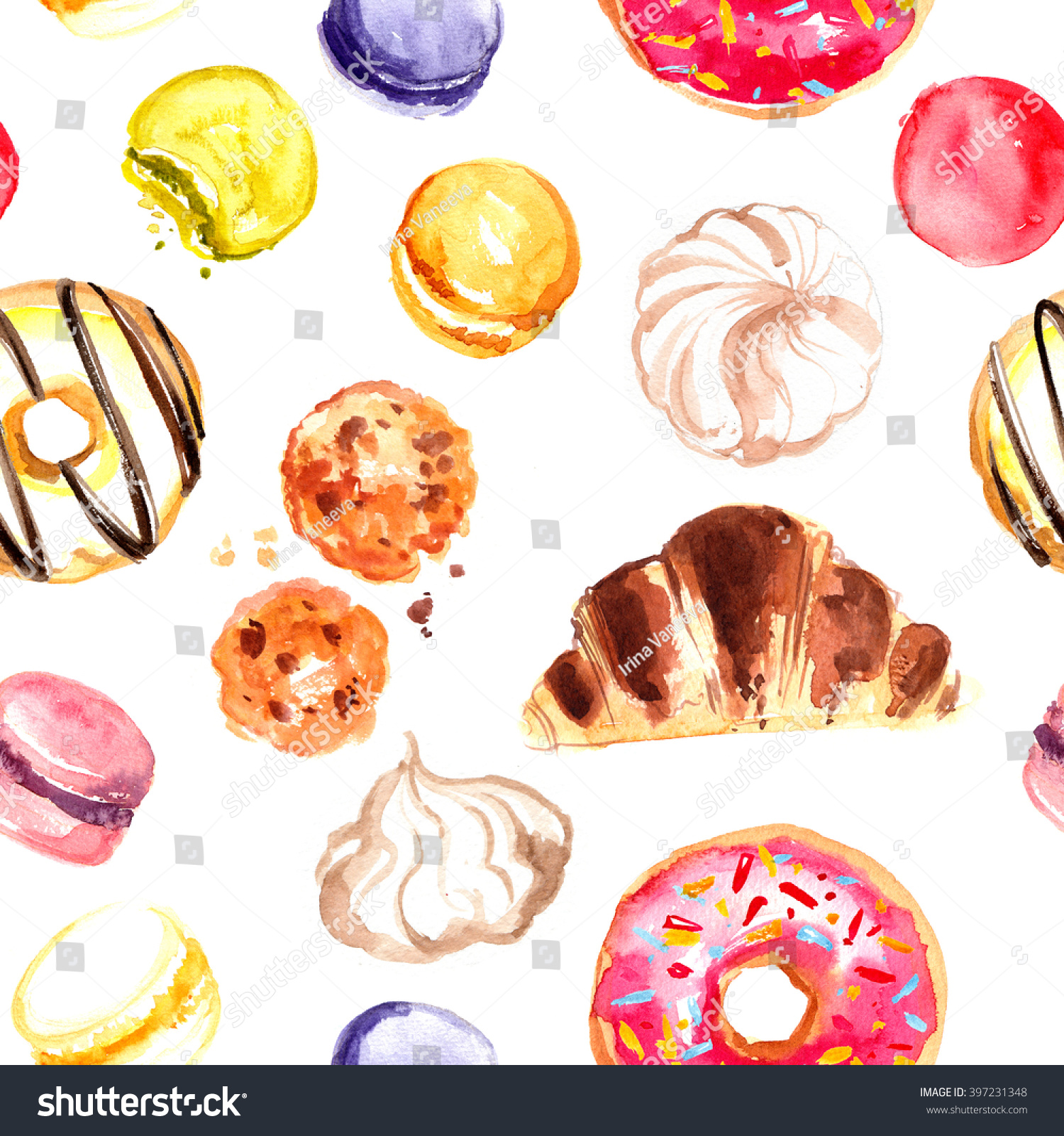 Pattern of candy-painted watercolor. Donuts  macaroon  coffee. seamless pattern food