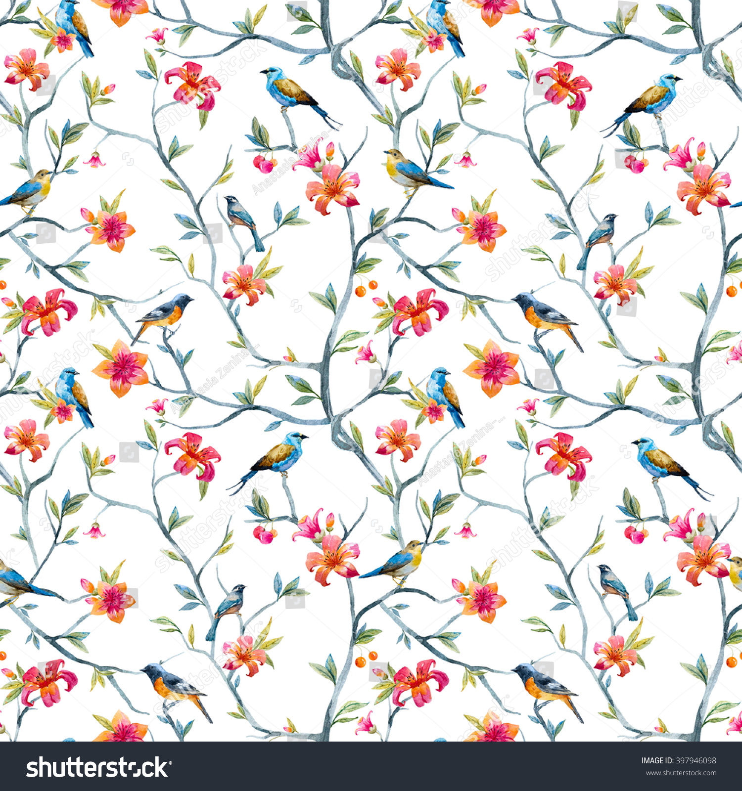watercolor seamless pattern with birds and flowers  tree  spring wallpaper  pink flower