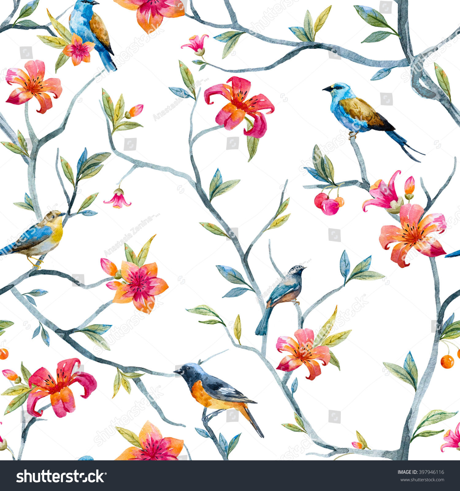 watercolor seamless pattern with birds and flowers  tree  spring wallpaper