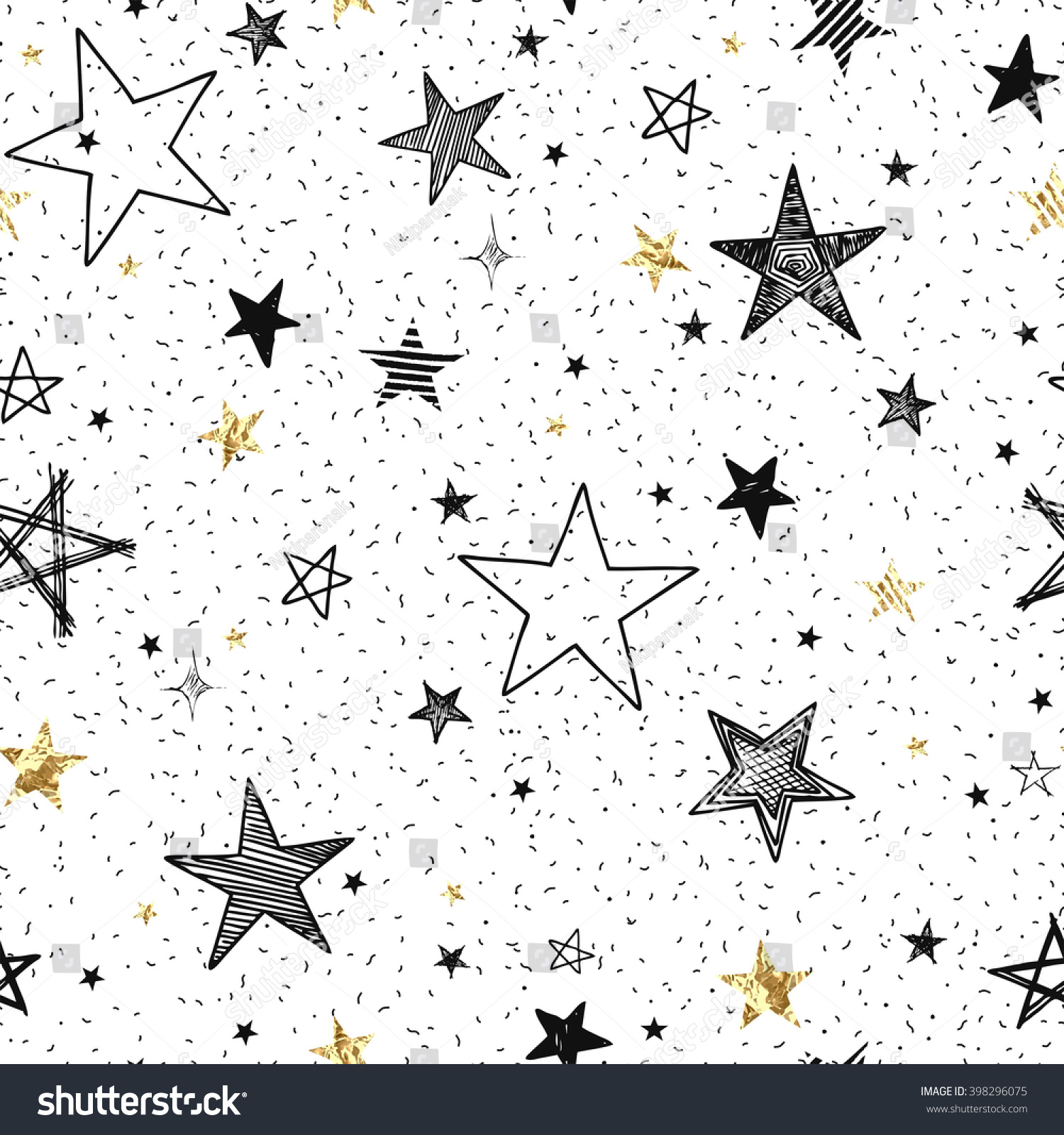 Seamless pattern with hand-drawn stars and golden foil stars  abstraction vector illustration on white background.