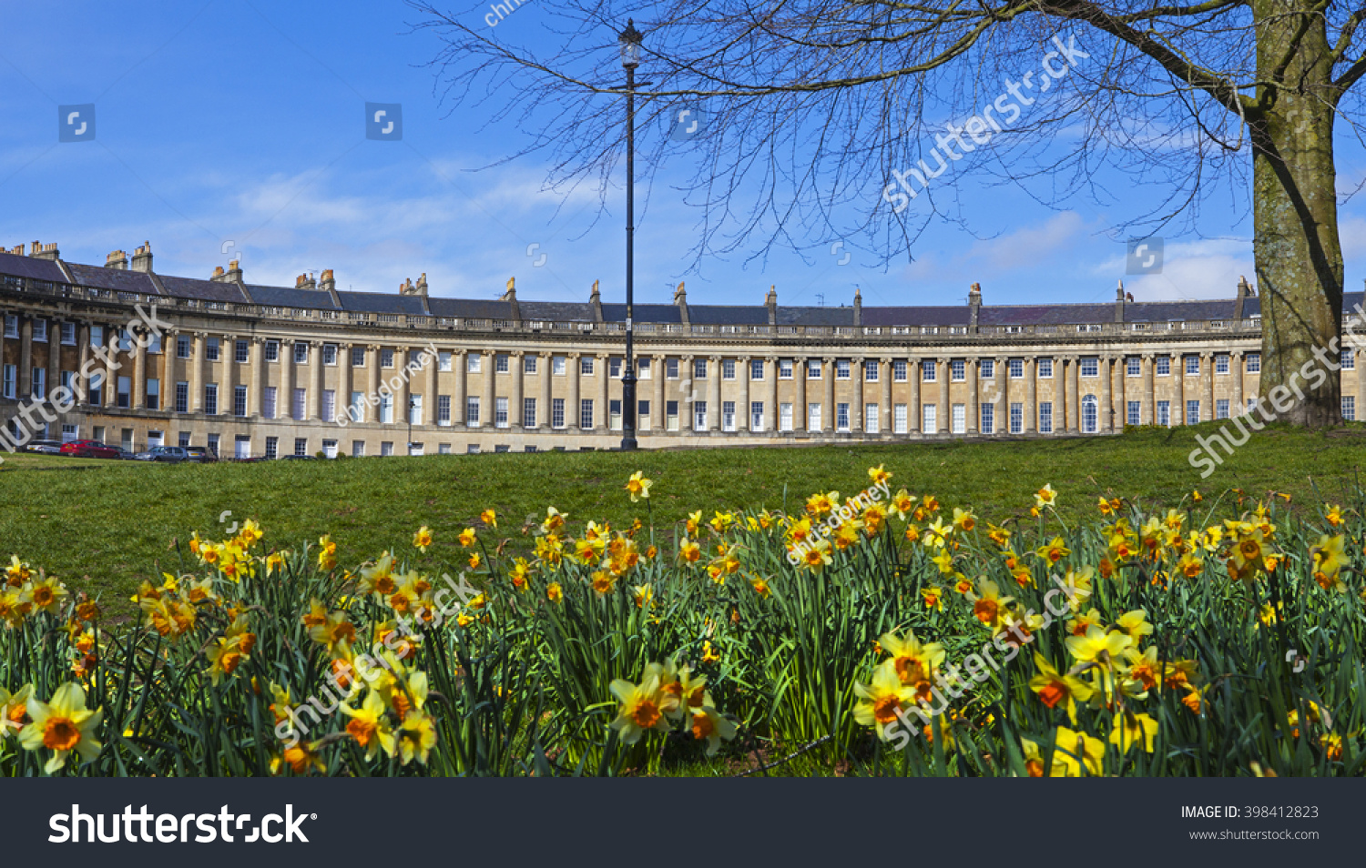A springtime view of the beautiful Royal Cresecent in Bath  Somerset.