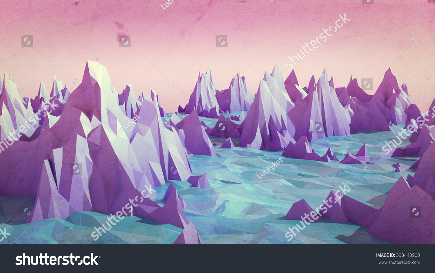 Low poly mountains landscape with water. 3d render image for graphic design.