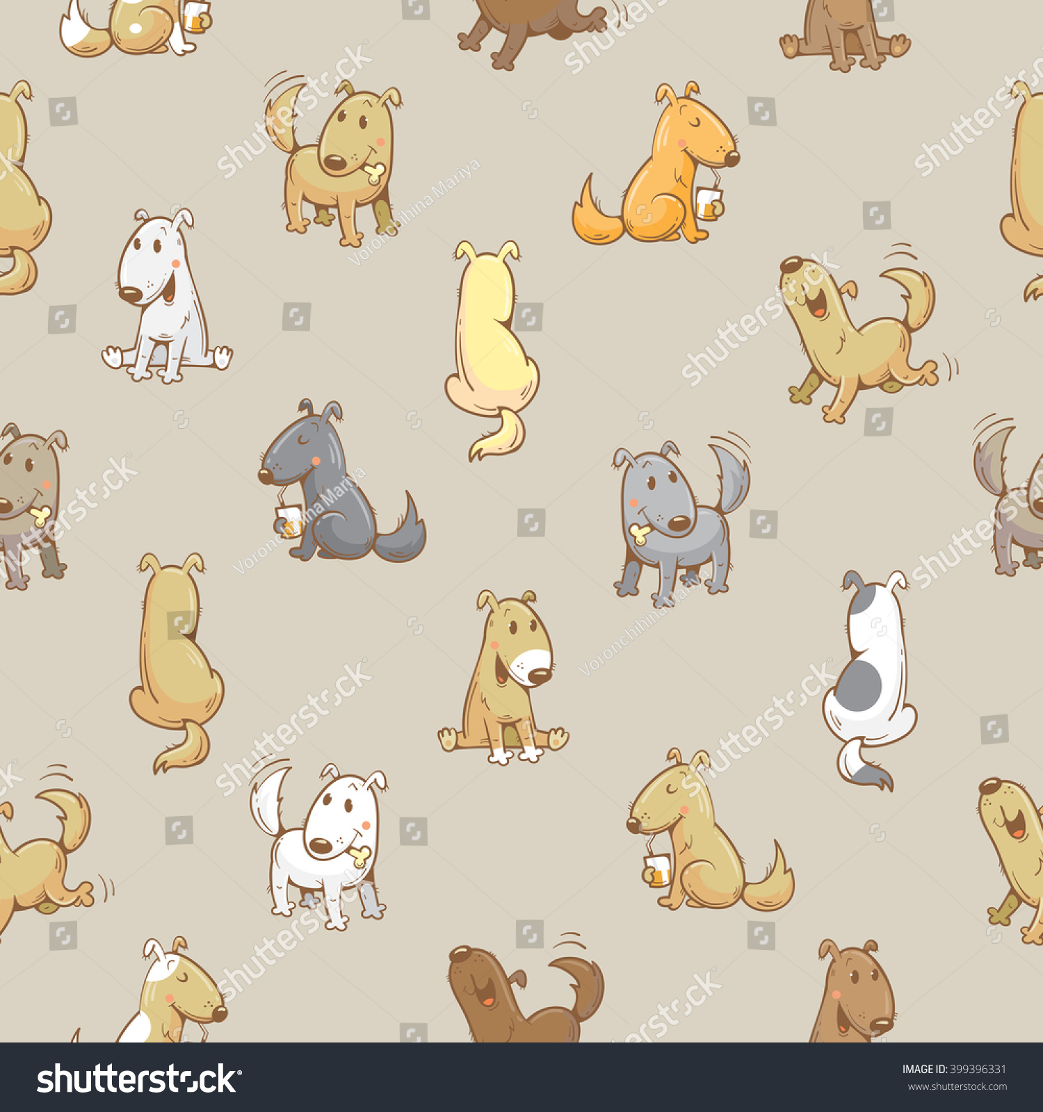 Seamless pattern with cartoon funny dogs on gray  background. Cute puppies. Vector image.