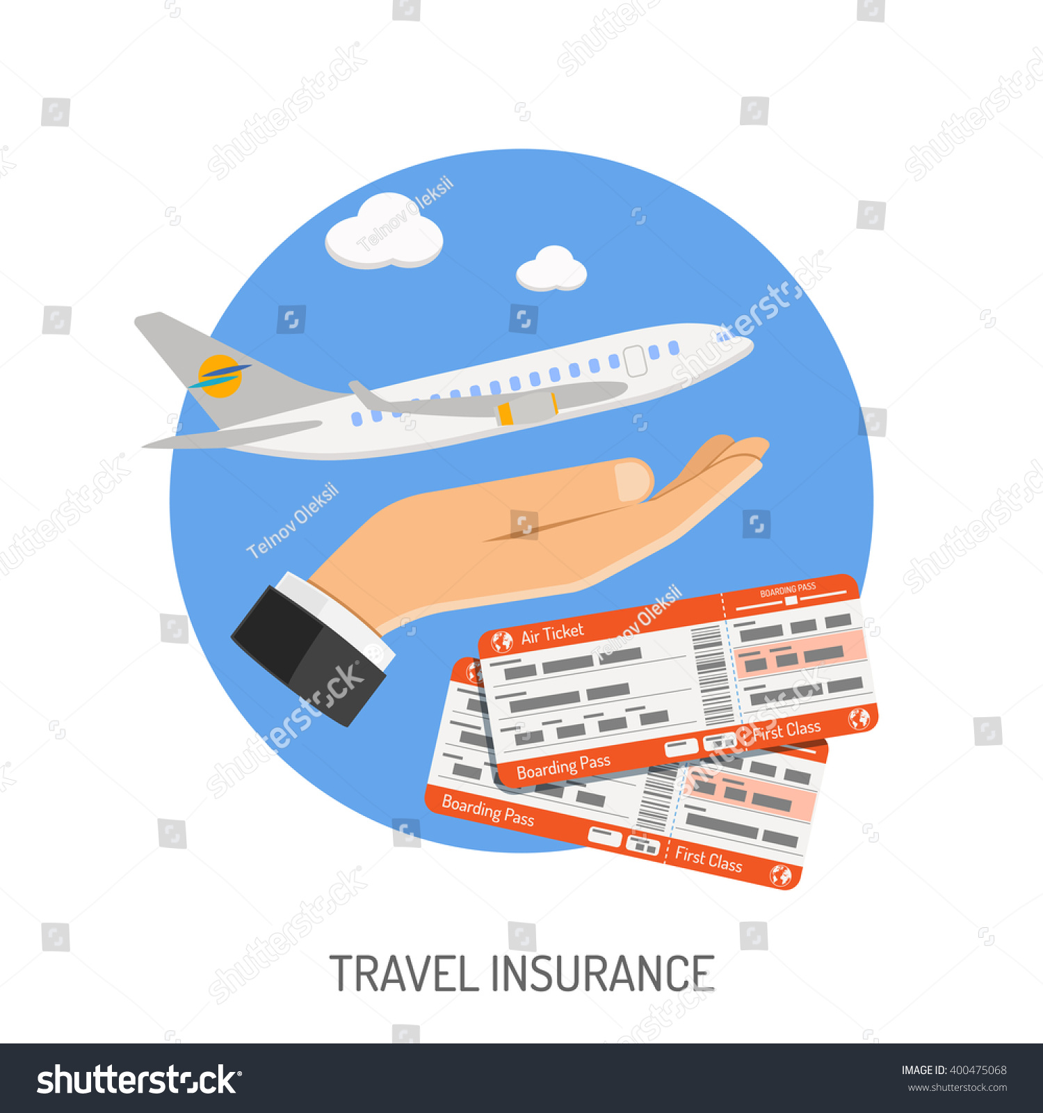 Travel Insurance Flat Icon for Poster  Web Site  Advertising like Hand  Aircraft and tickets. vector illustration