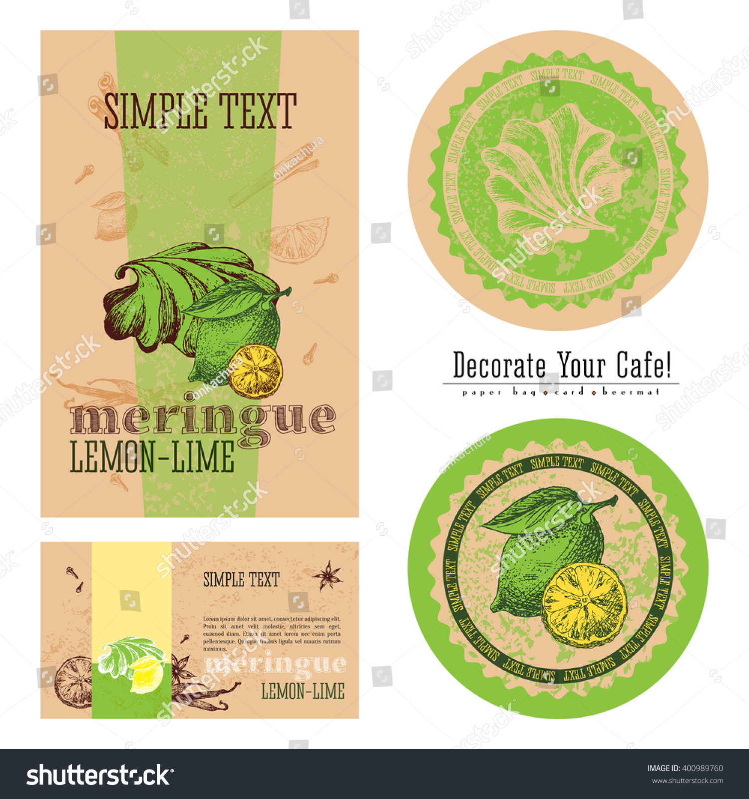 Lemon-lime meringue  eco-friendly packaging design and execution of a cafe  a paper bag  business card  sticker and beermat. Decorate your cafe.