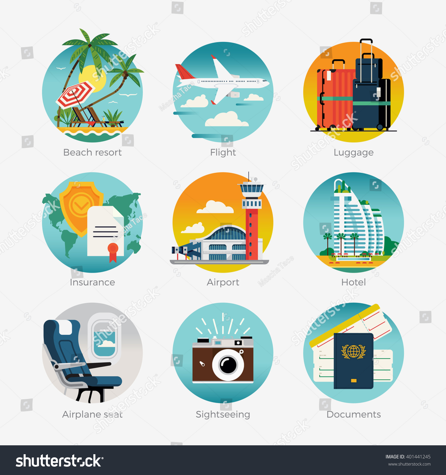 Cool vector set of travel summer trip destination and beach resort