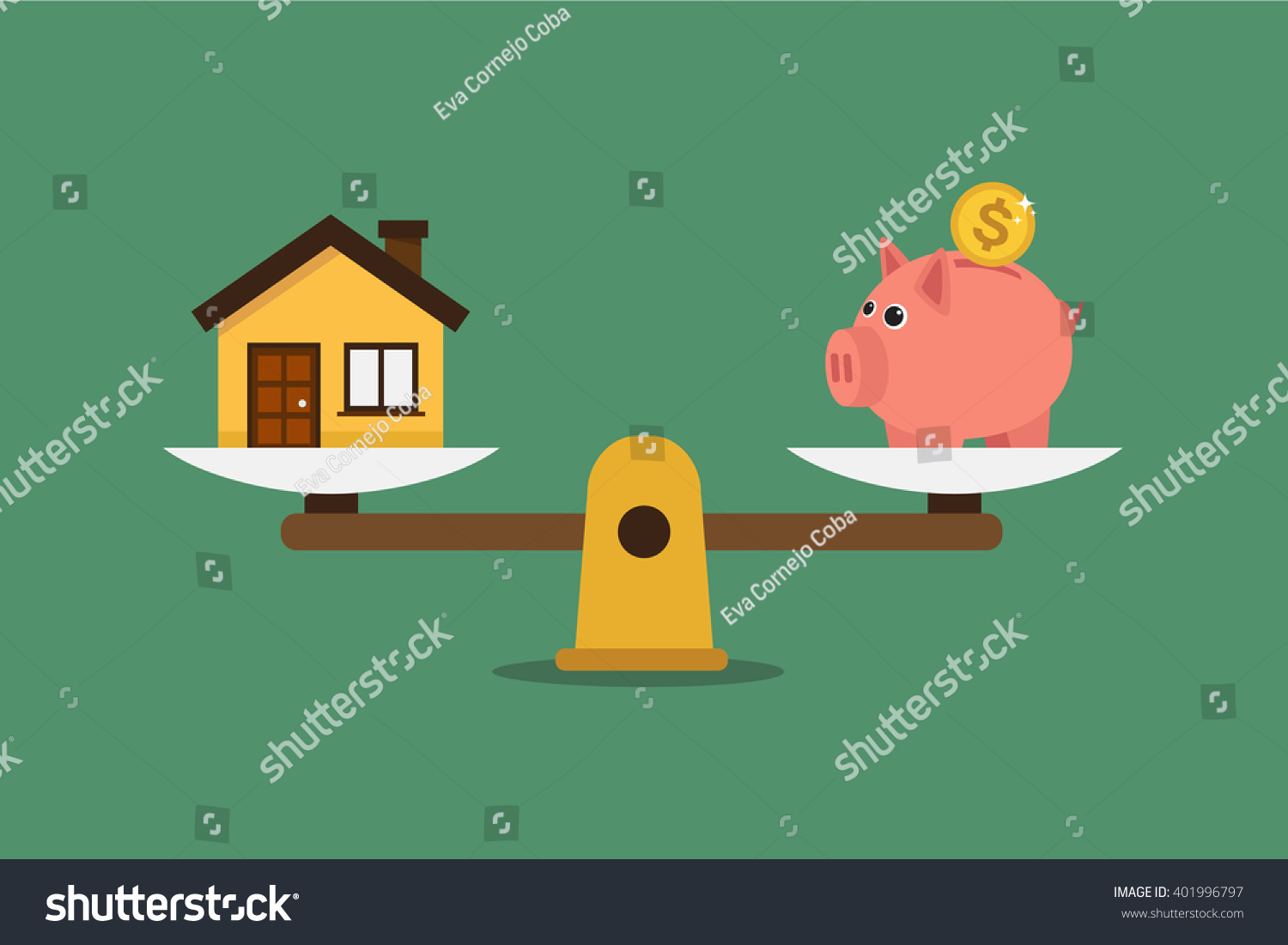 Piggy bank and house on scales. Illustration in vectors.