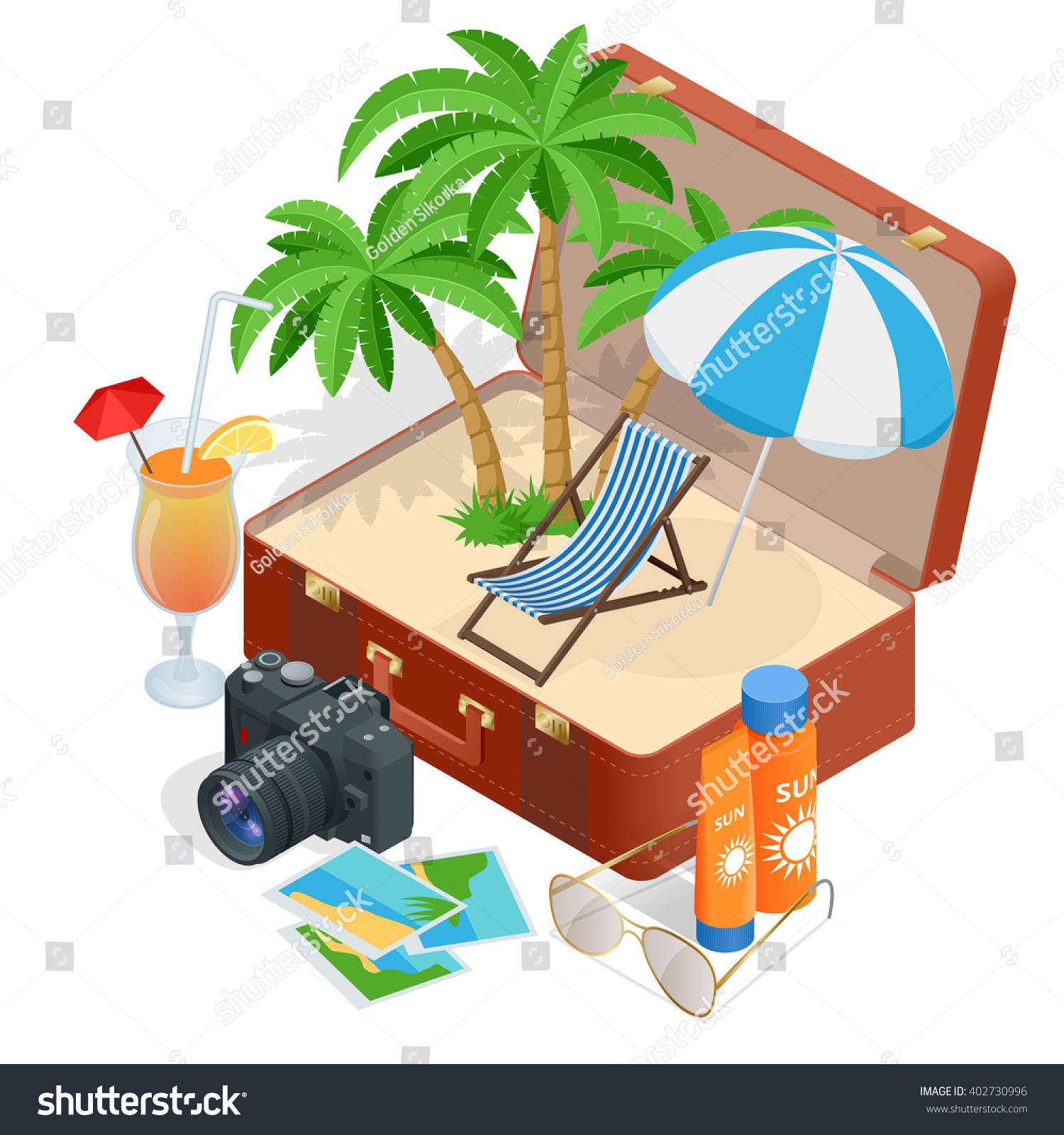 Summer vacation. Passenger airplane. Luxury vacation. Our travel destinations banner. Isometric elements for design. Palm  trunk  glass of juice  camera  photos  sunscreen  sun glasses  beach chair.