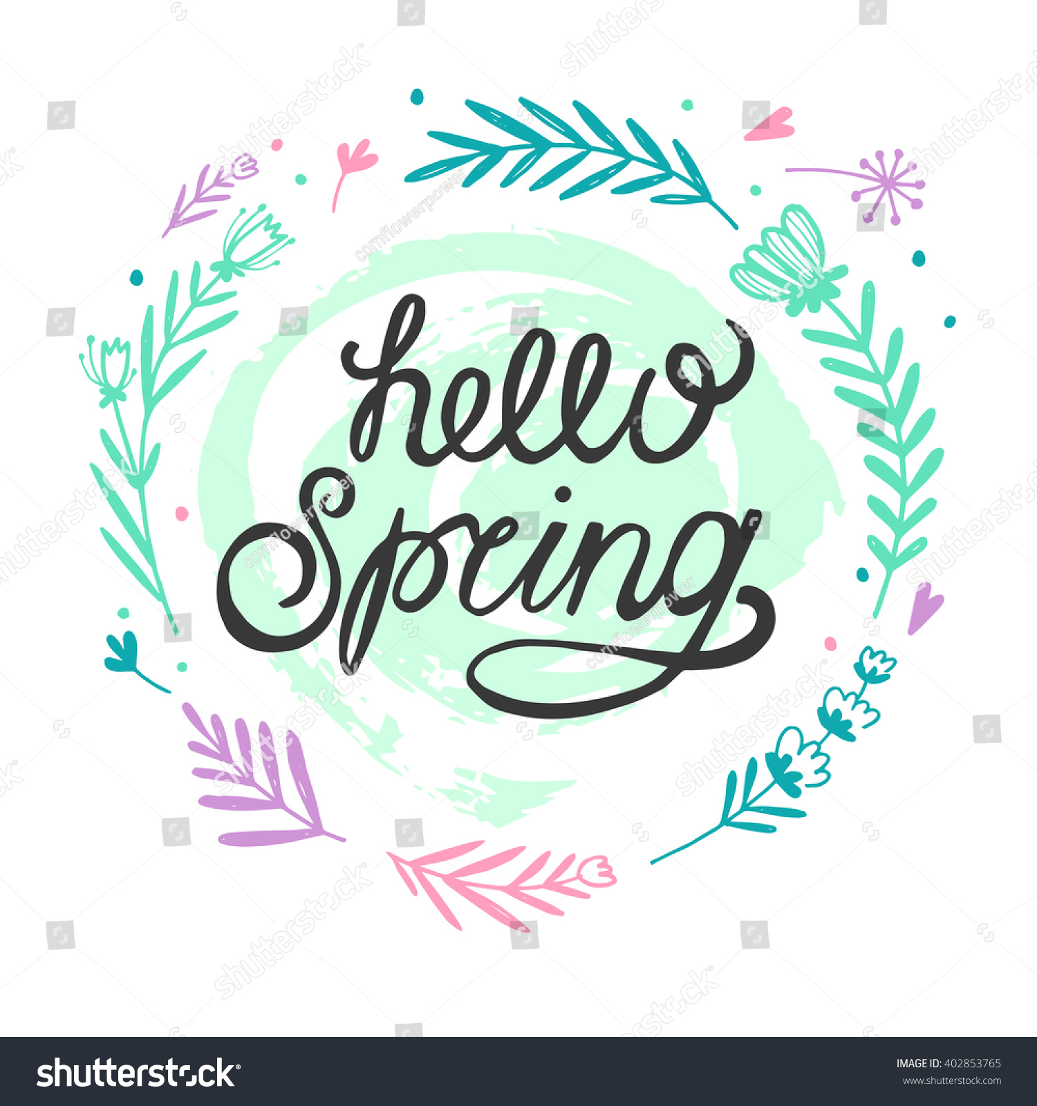 hello spring greeting card hand drawn illustration
